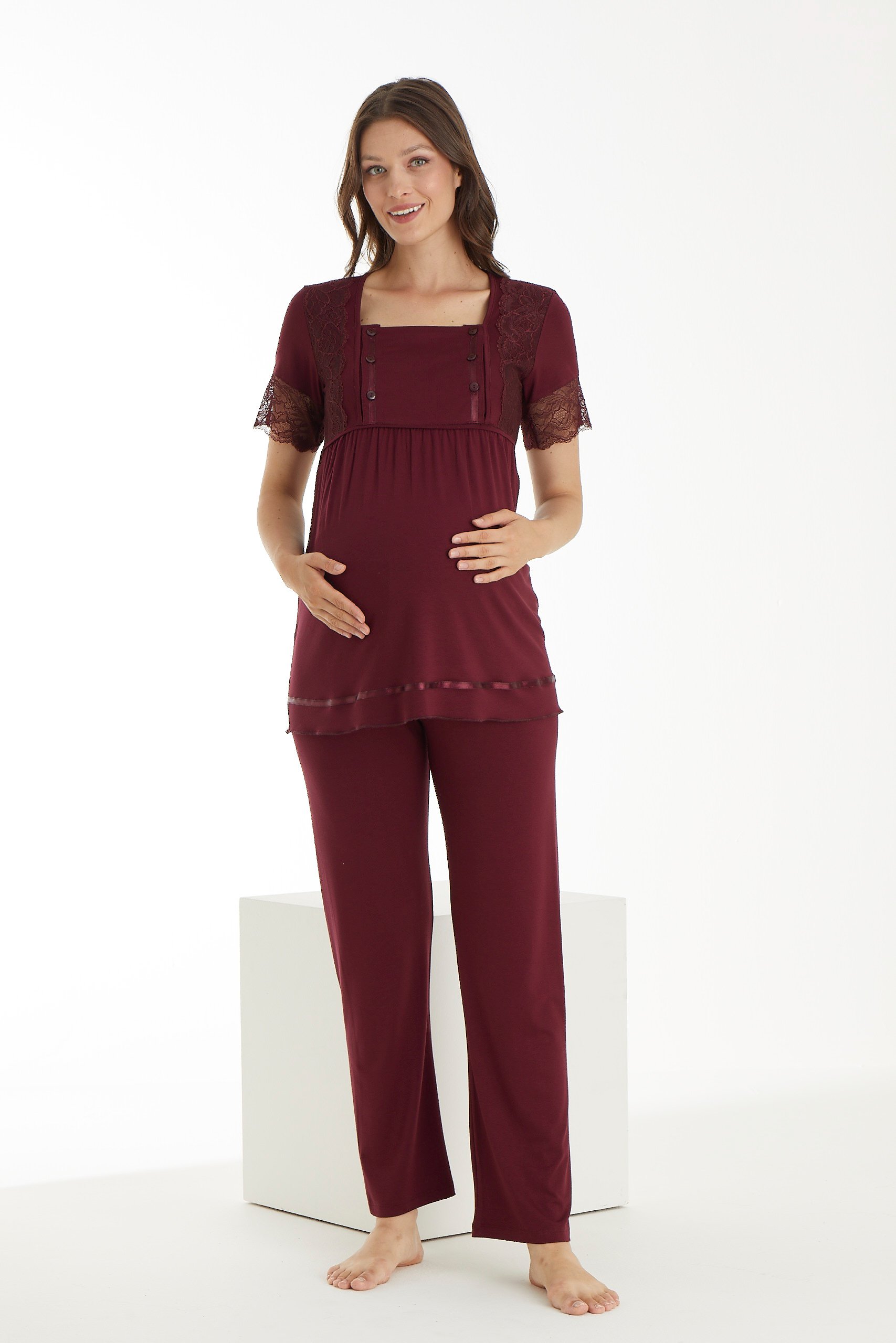 4123 Emzirmeye Uygun Dantel Detaylı Hamile ve Lohusa Pijama Takımı - Bordo