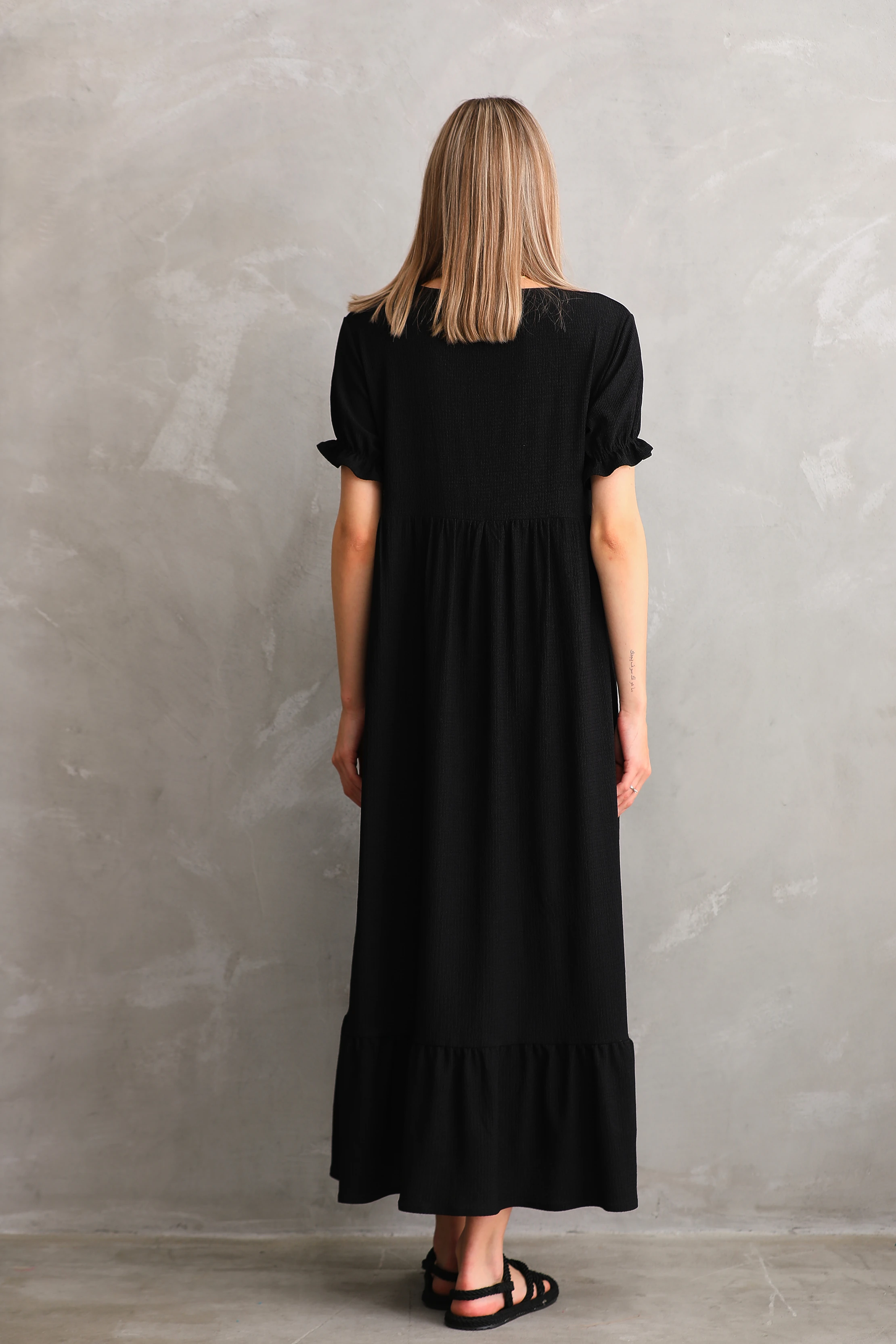 4392 Yaka Kurdele Detaylı Dokuma Hamile ve Lohusa Elbise