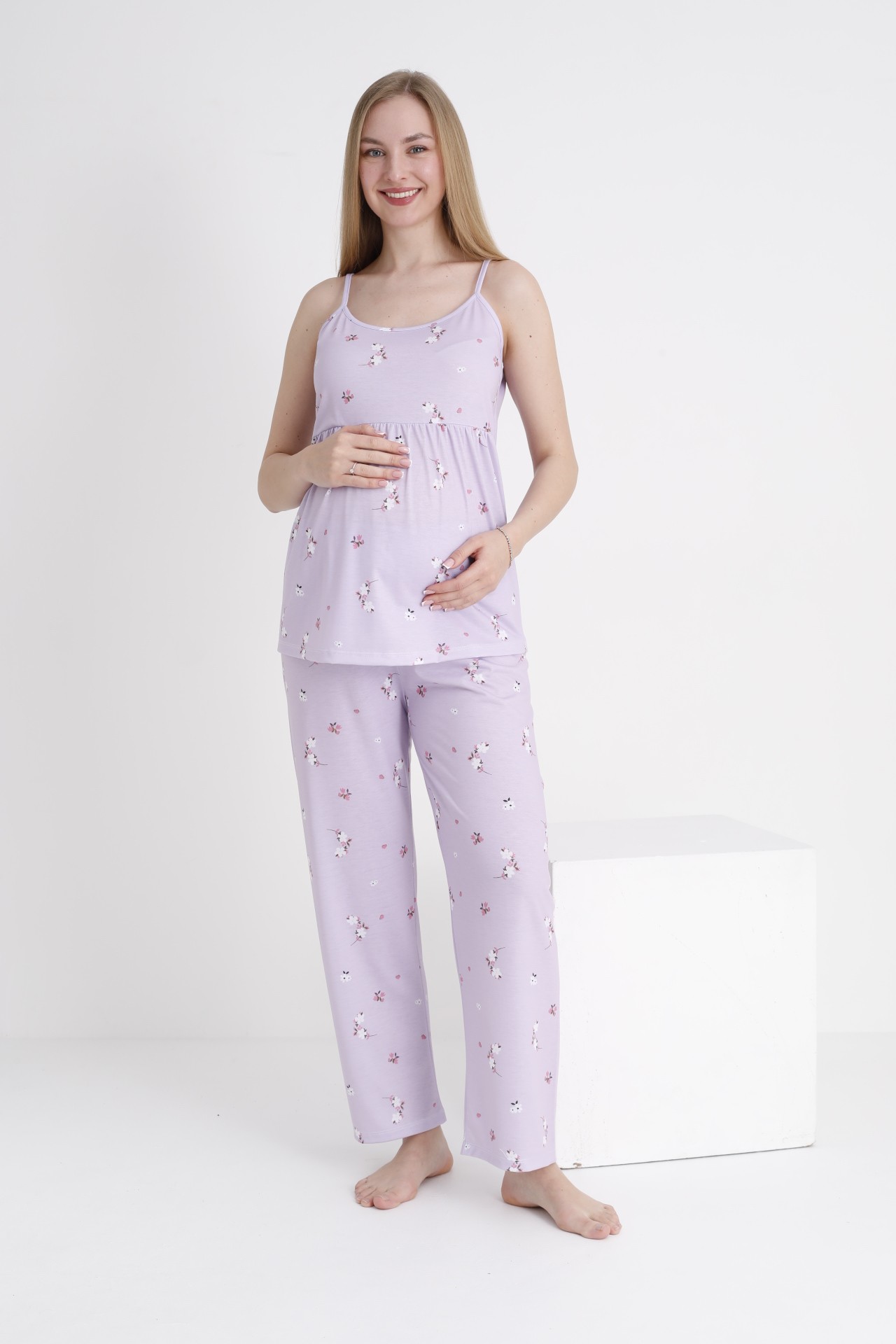 4473 Çiçek Desenli Hamile ve Lohusa Askılı Pijama Takım - Lila