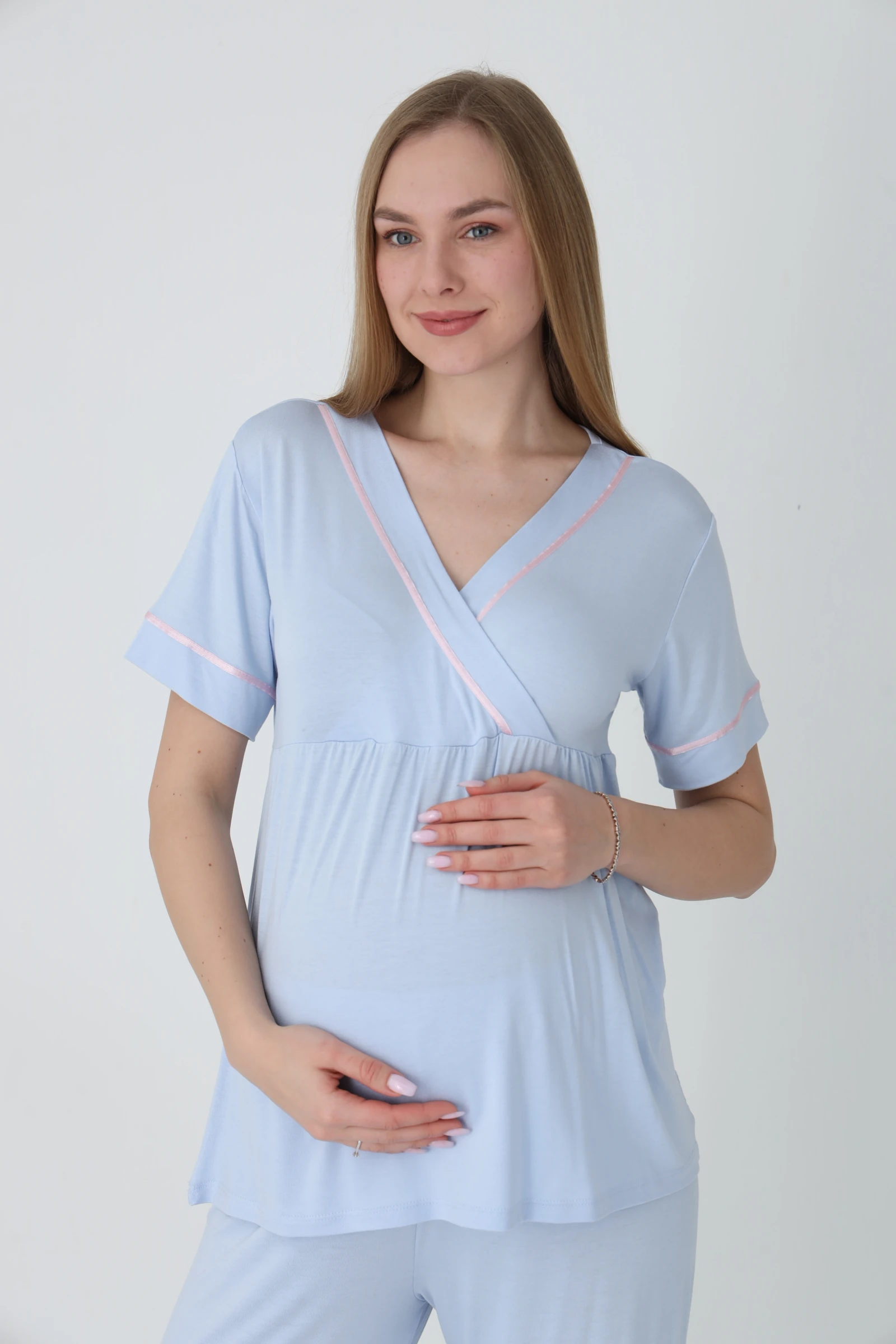 4375 Sabahlıklı Şerit Detaylı Hamile ve Lohusa Pijama Takımı