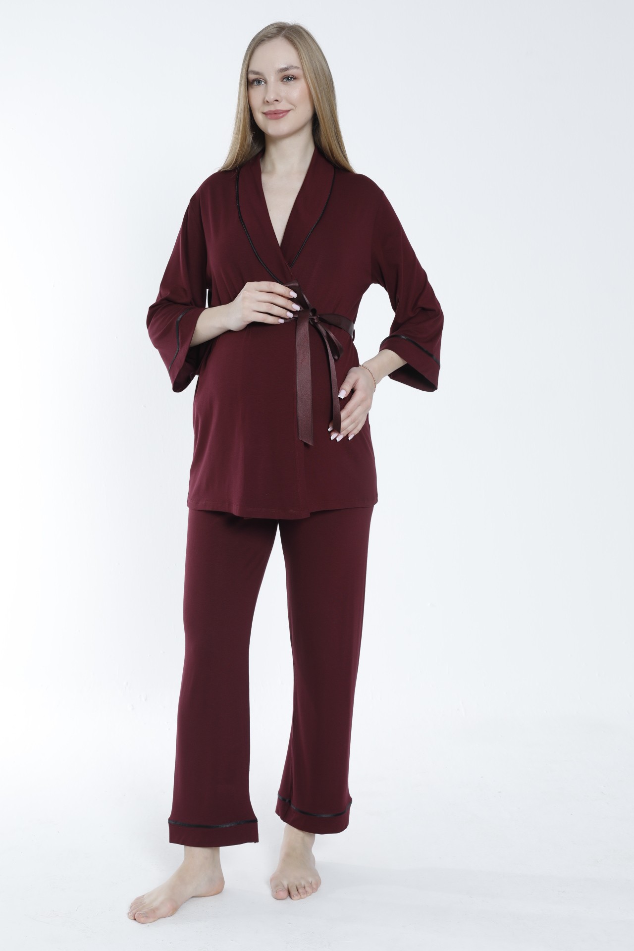 4377 Önden Bağlamalı Geniş Şerit Yakalı Hamile ve Lohusa Pijama Takımı - Bordo