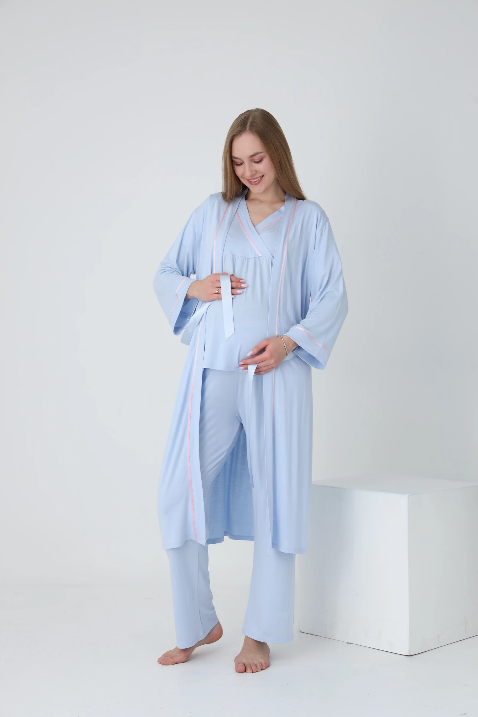 4375 Sabahlıklı Şerit Detaylı Hamile ve Lohusa Pijama Takımı