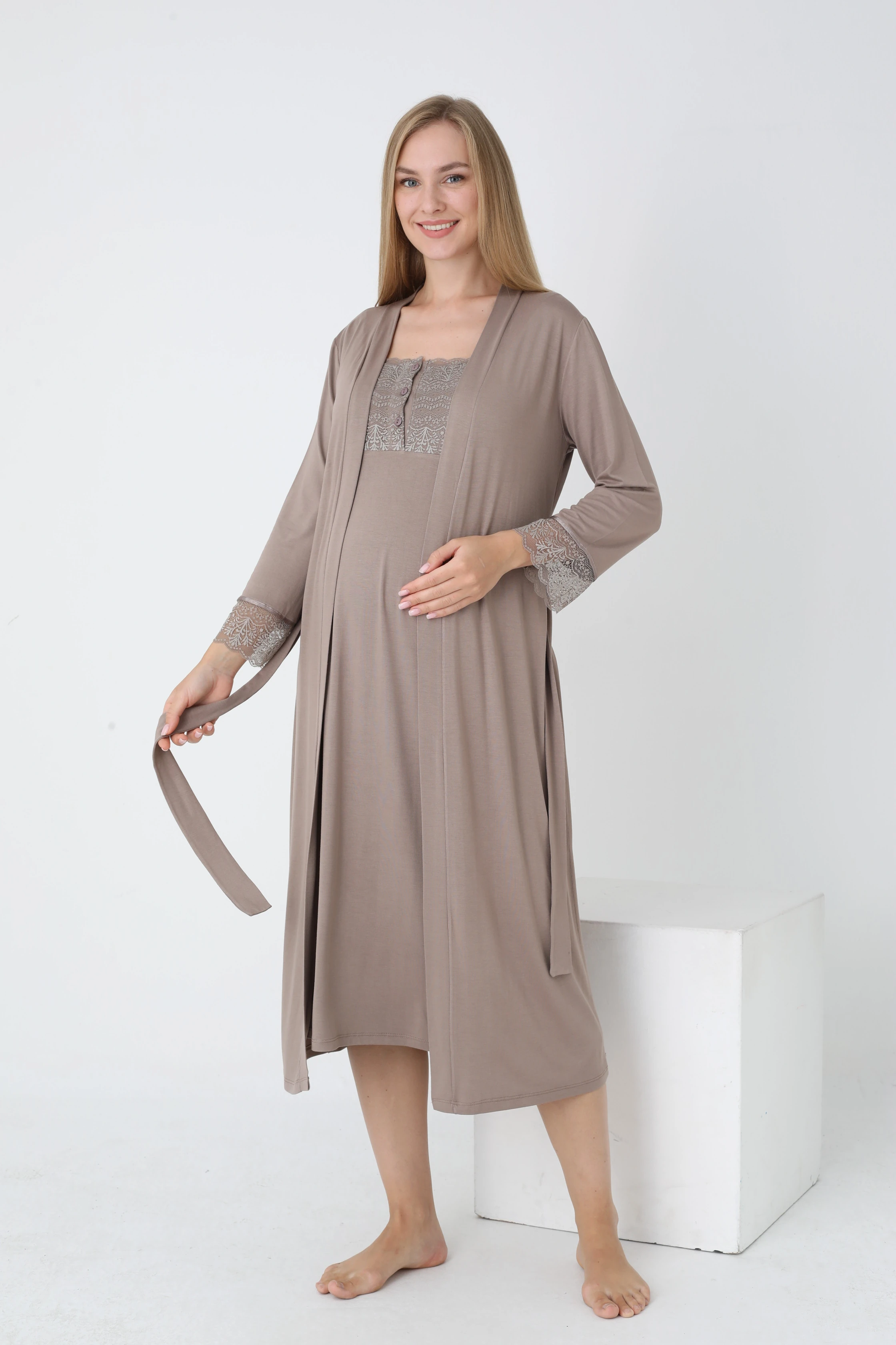4237 Hamile ve Lohusa Emzirme Düğmeli Gecelik Takımı - Kahverengi