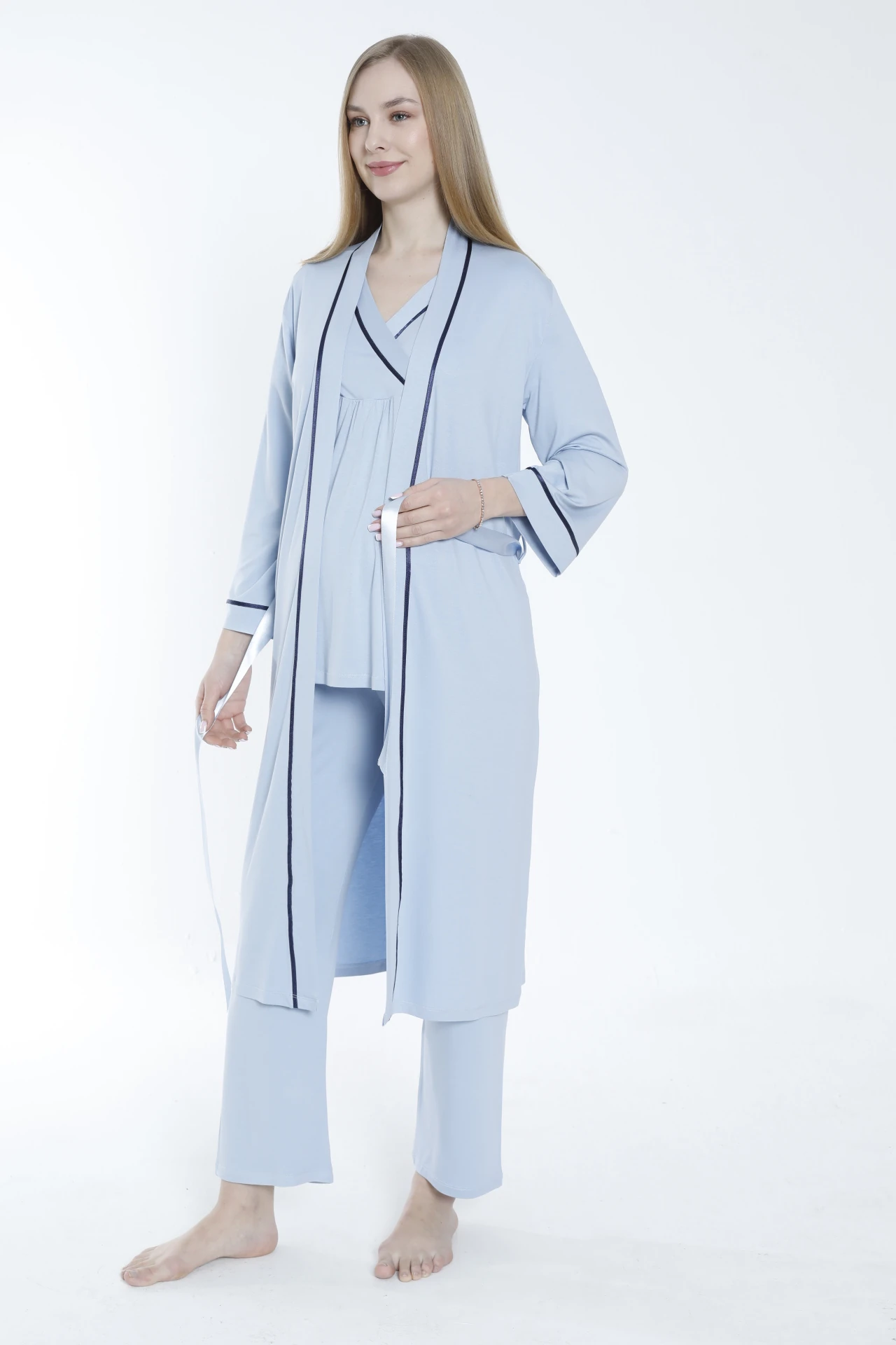 4375 Sabahlıklı Şerit Detaylı Hamile ve Lohusa Pijama Takımı - Bebe Mavisi