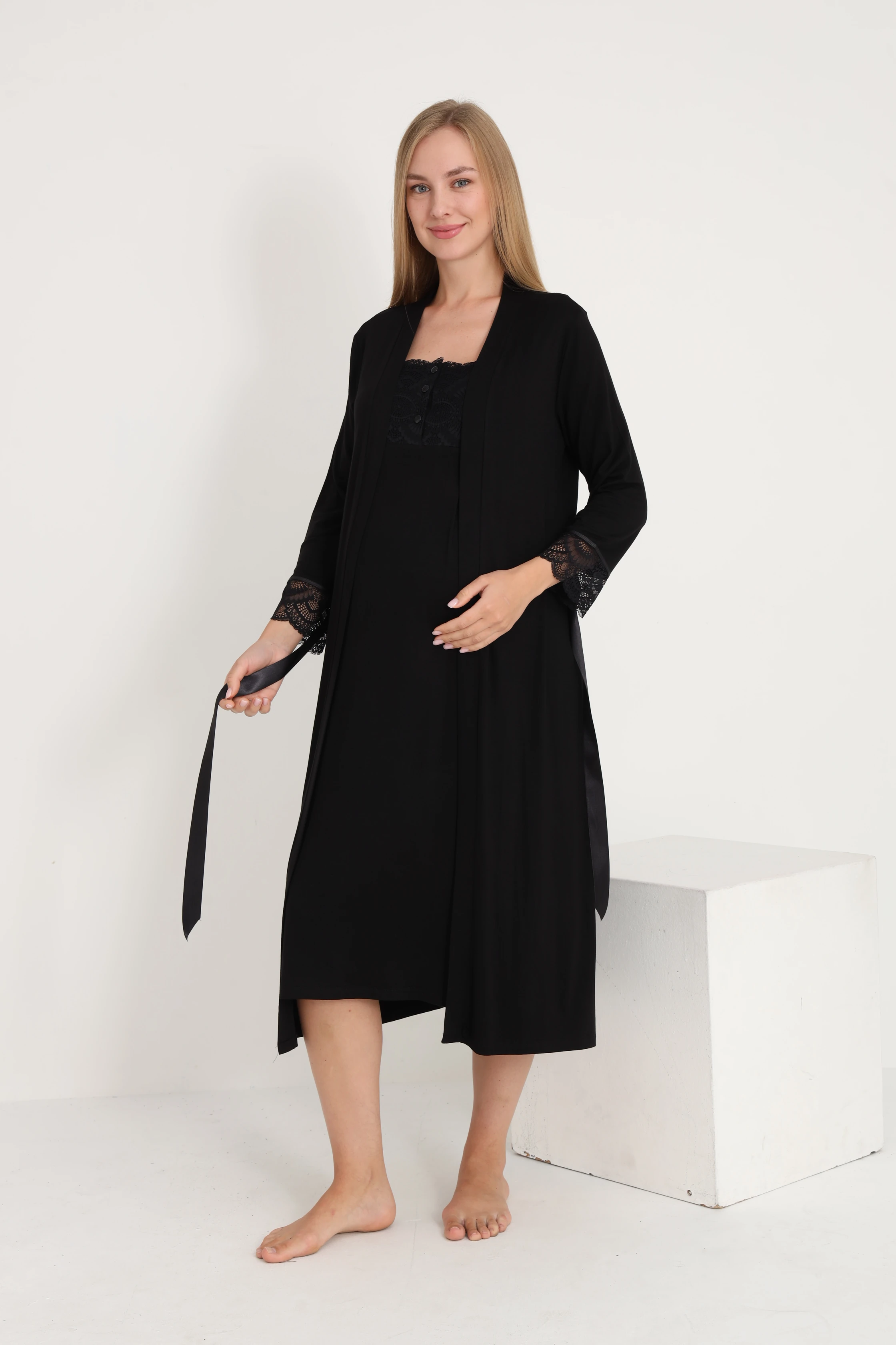 4237 Hamile ve Lohusa Emzirme Düğmeli Gecelik Takımı - Siyah