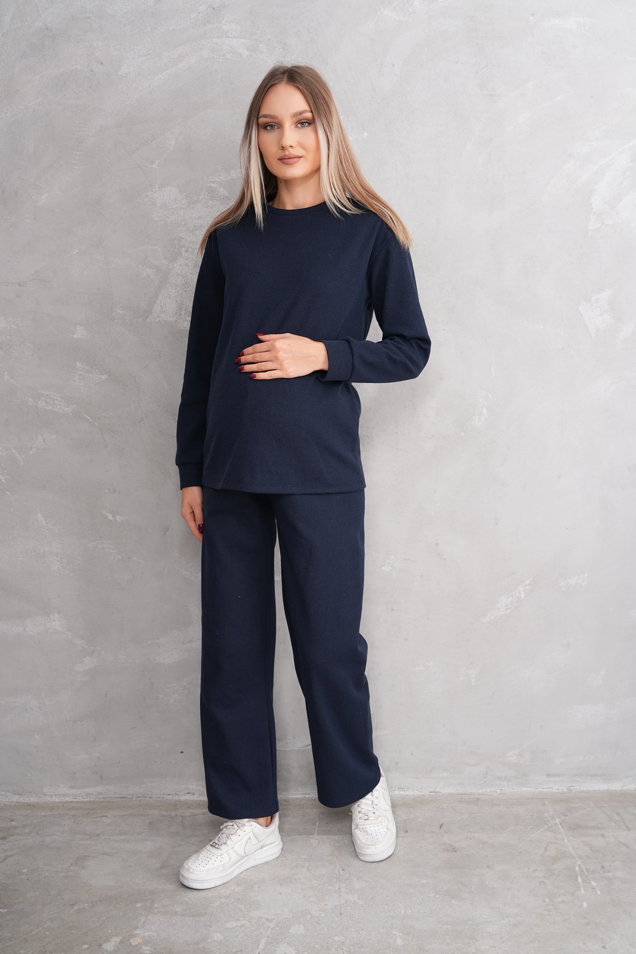 4434 Hamile ve Lohusa Bisiklet Yaka Waffle Kumaş Alt Üst Eşofman Takımı - Lacivert