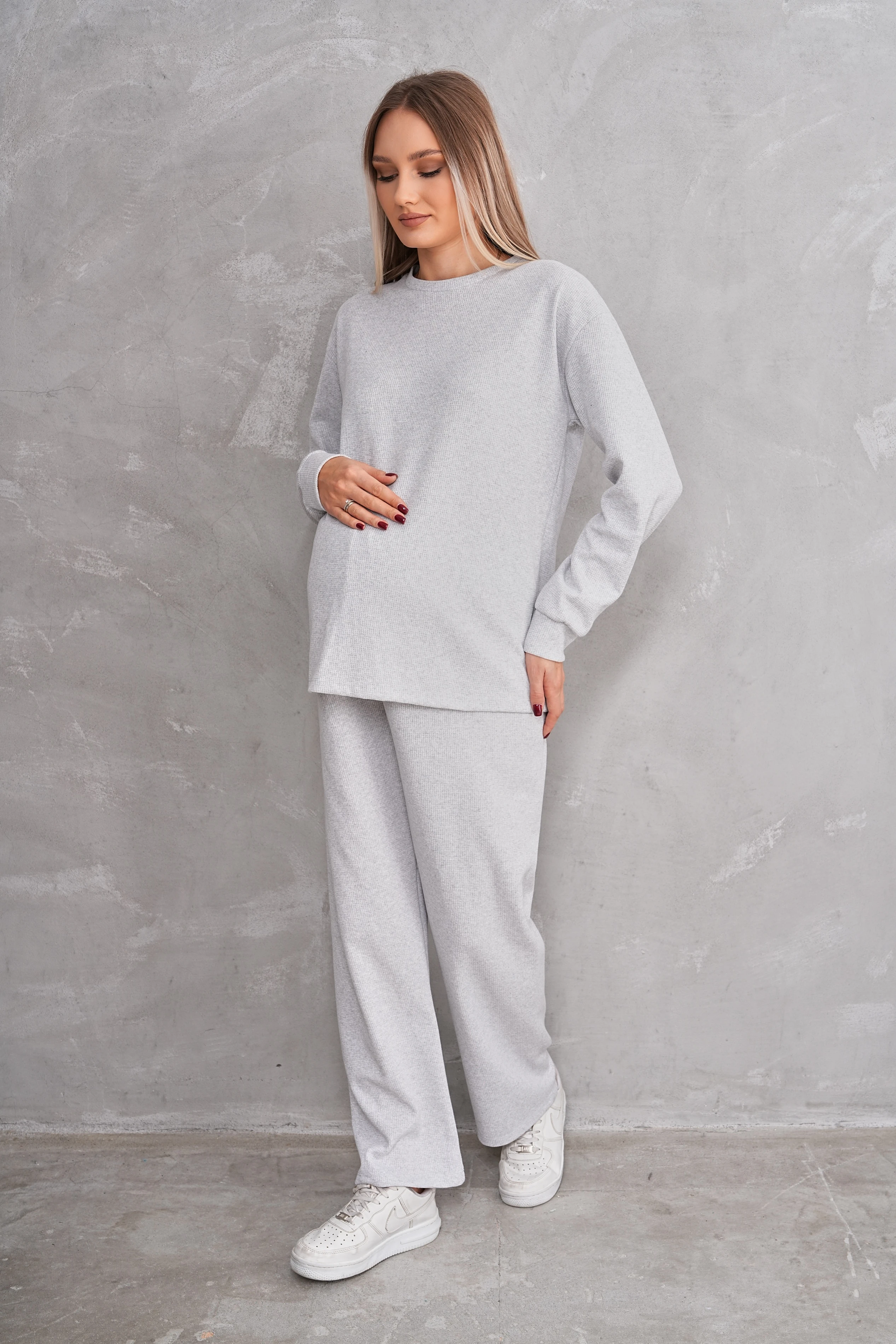4434 Hamile ve Lohusa Bisiklet Yaka Waffle Kumaş Alt Üst Eşofman Takımı - Gri