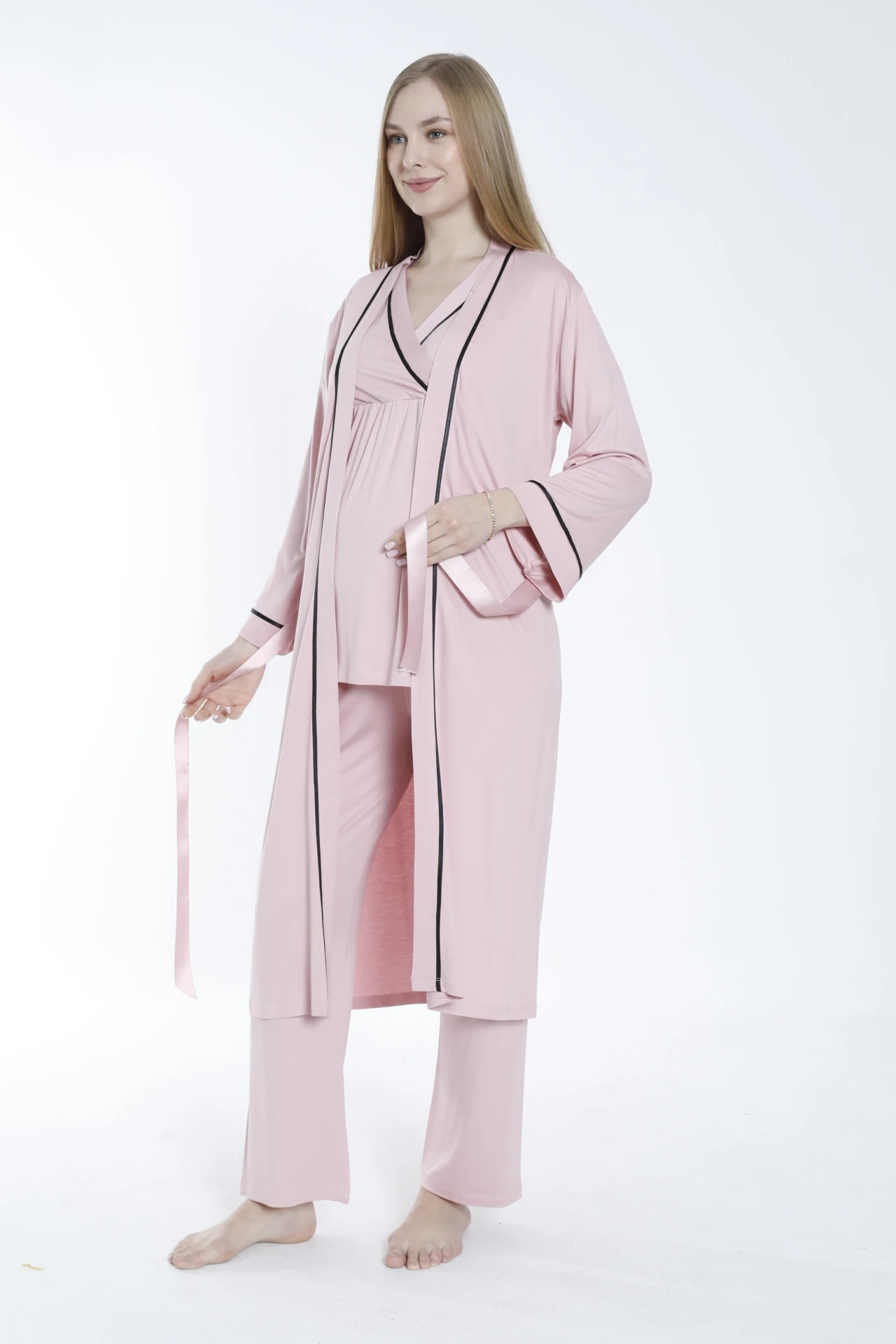 4375 Sabahlıklı Şerit Detaylı Hamile ve Lohusa Pijama Takımı - Pudra