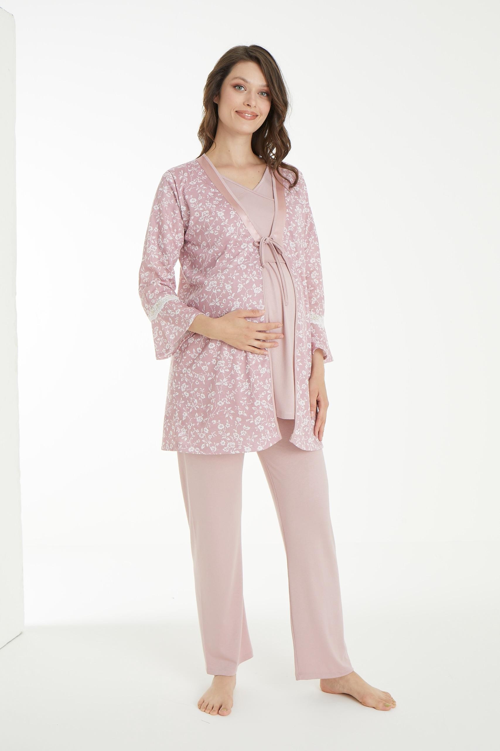 4106 Desenli Lohusa ve Hamile Pijama Takımı - Pudra Çiçek