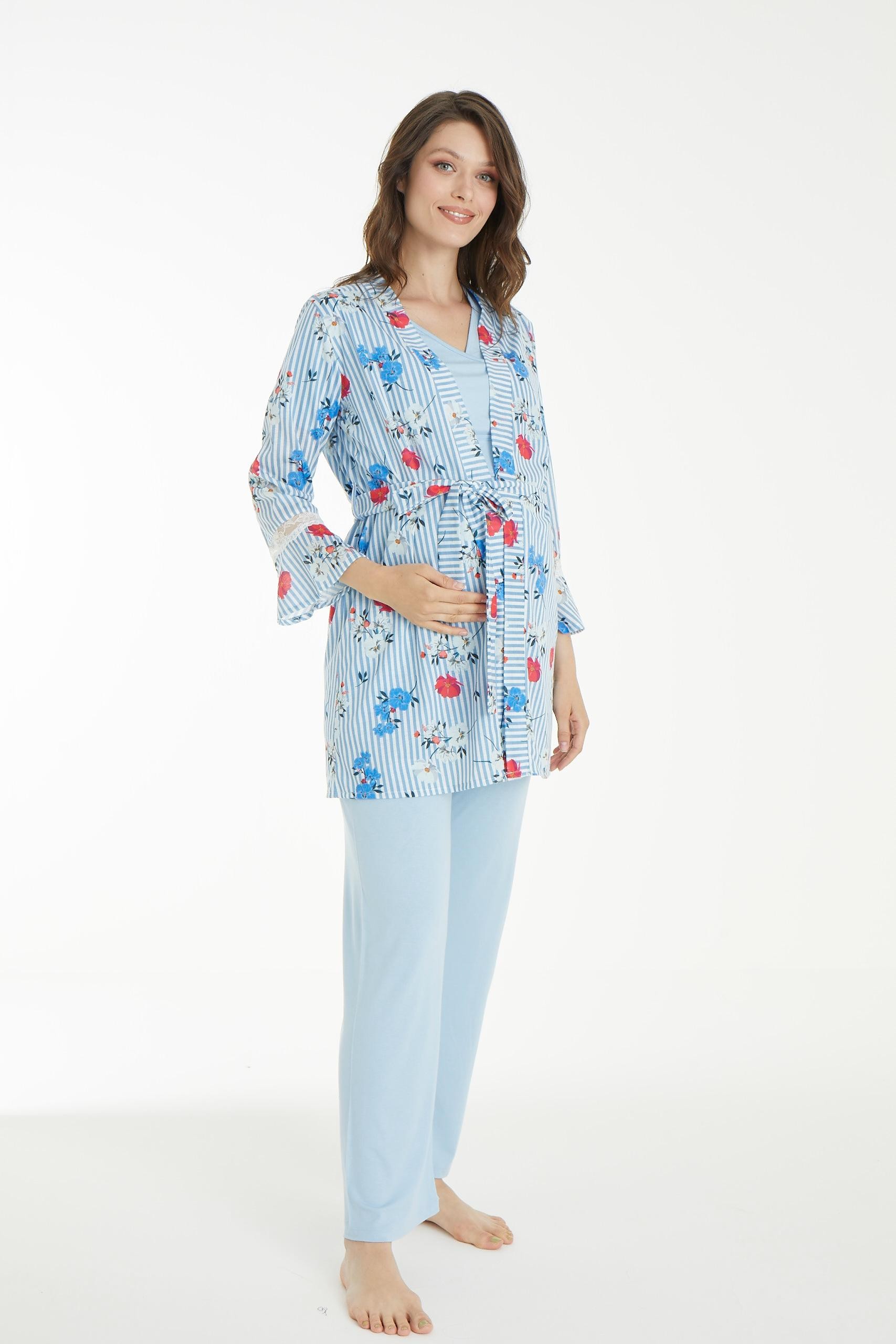 4106 Desenli Lohusa ve Hamile Pijama Takımı - Mavi Çiçek