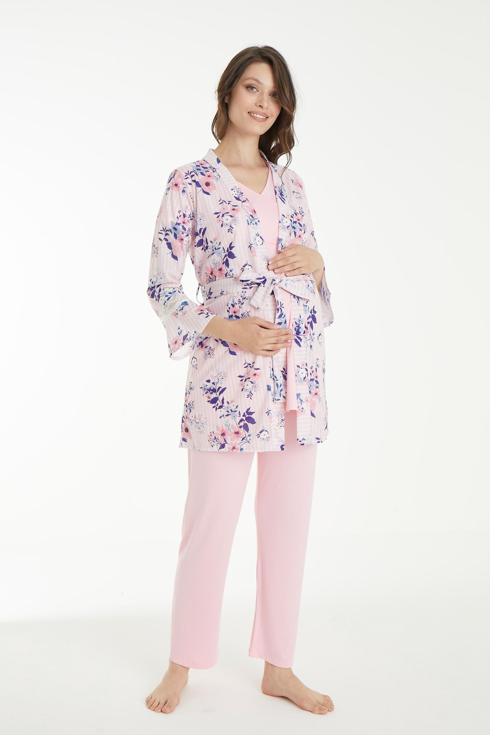 4106 Desenli Lohusa ve Hamile Pijama Takımı - Pembe Çiçek