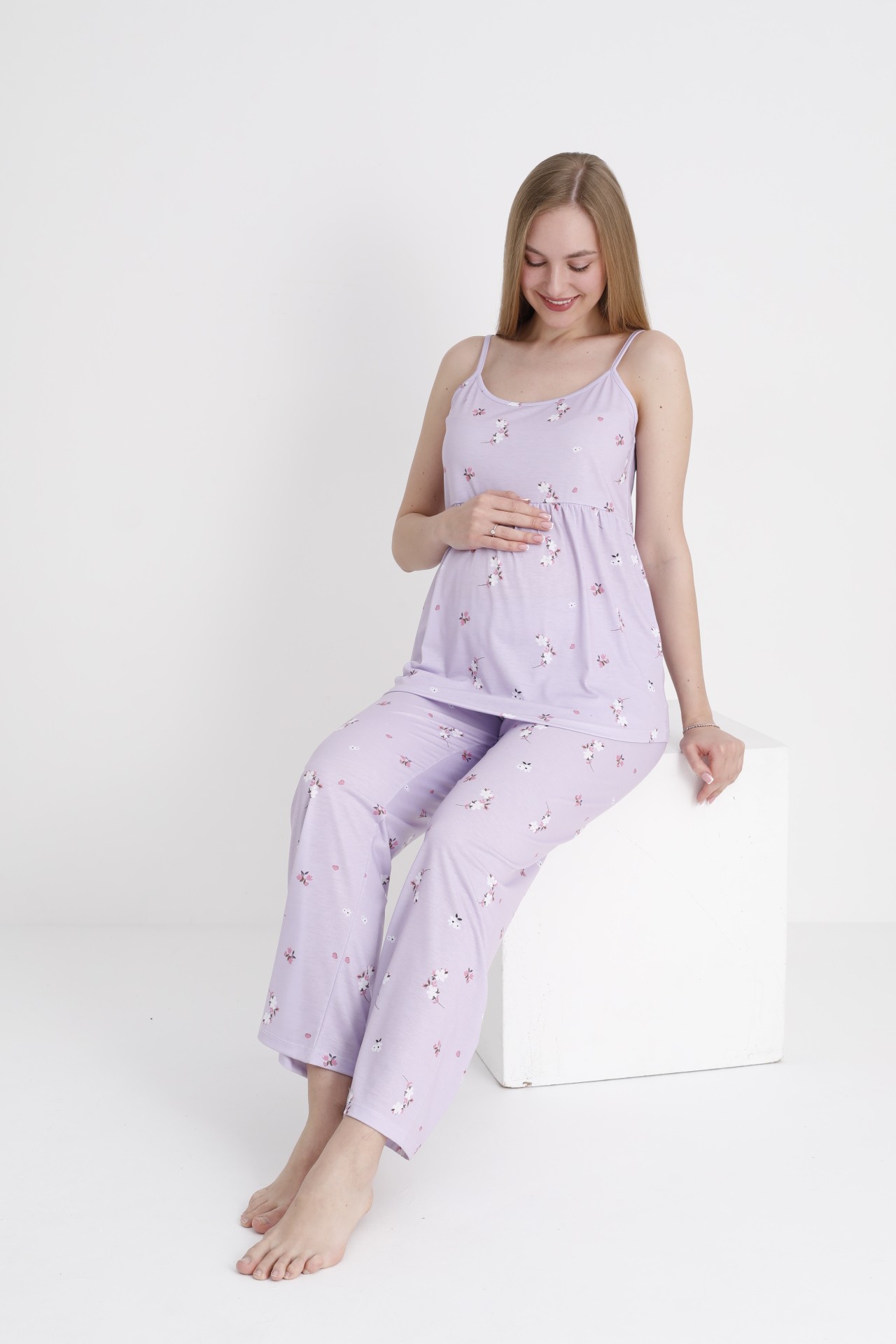 4473 Çiçek Desenli Hamile ve Lohusa Askılı Pijama Takım