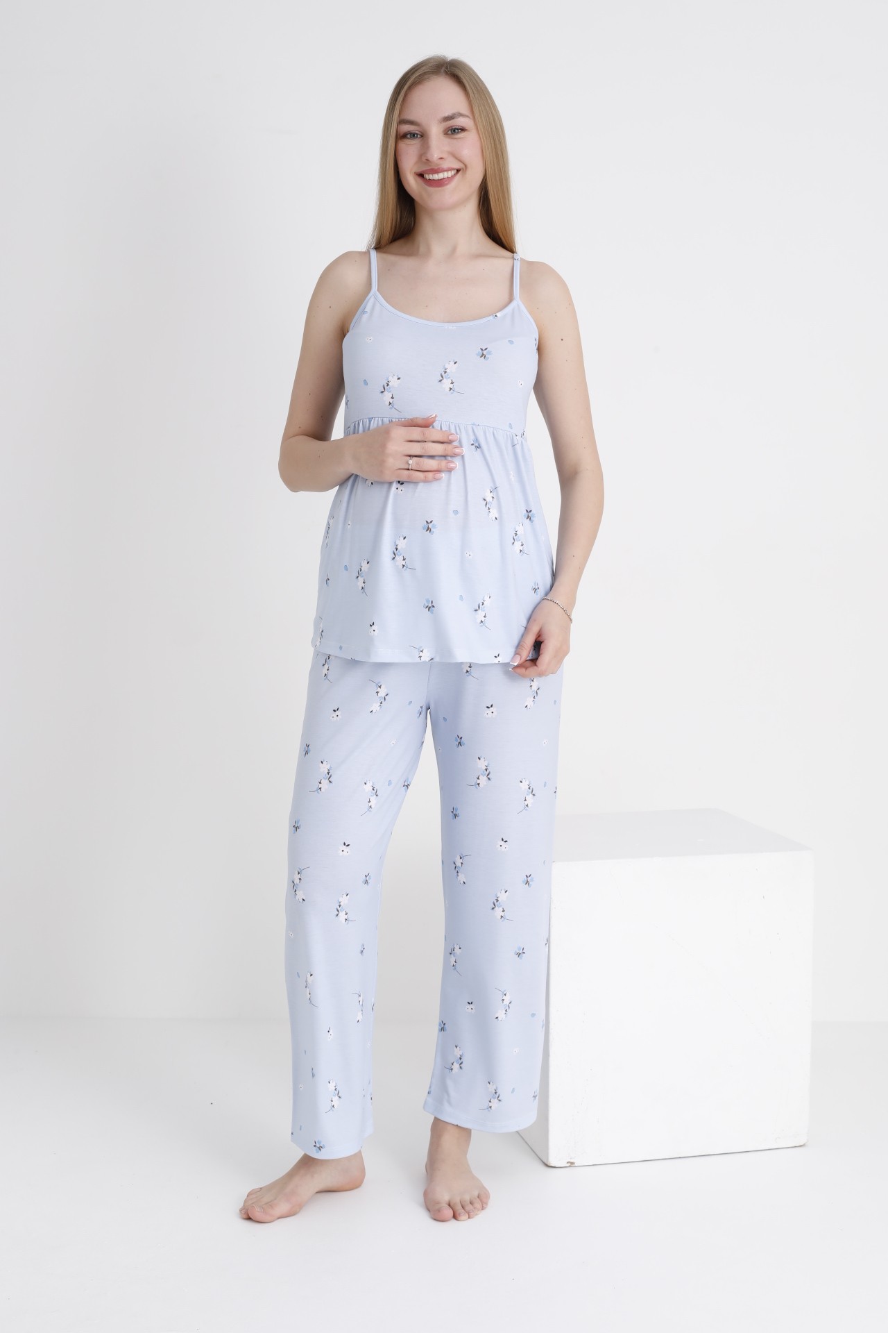 4473 Çiçek Desenli Hamile ve Lohusa Askılı Pijama Takım - Bebe Mavisi