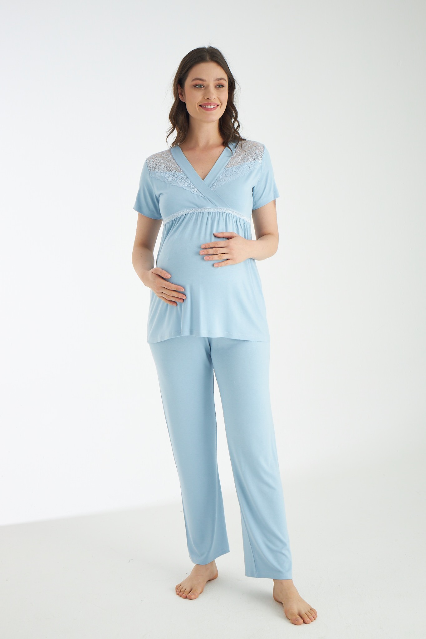 4219 Dantel Detaylı 3lü Sabahlıklı Hamile Ve Lohusa Pijama Takımı