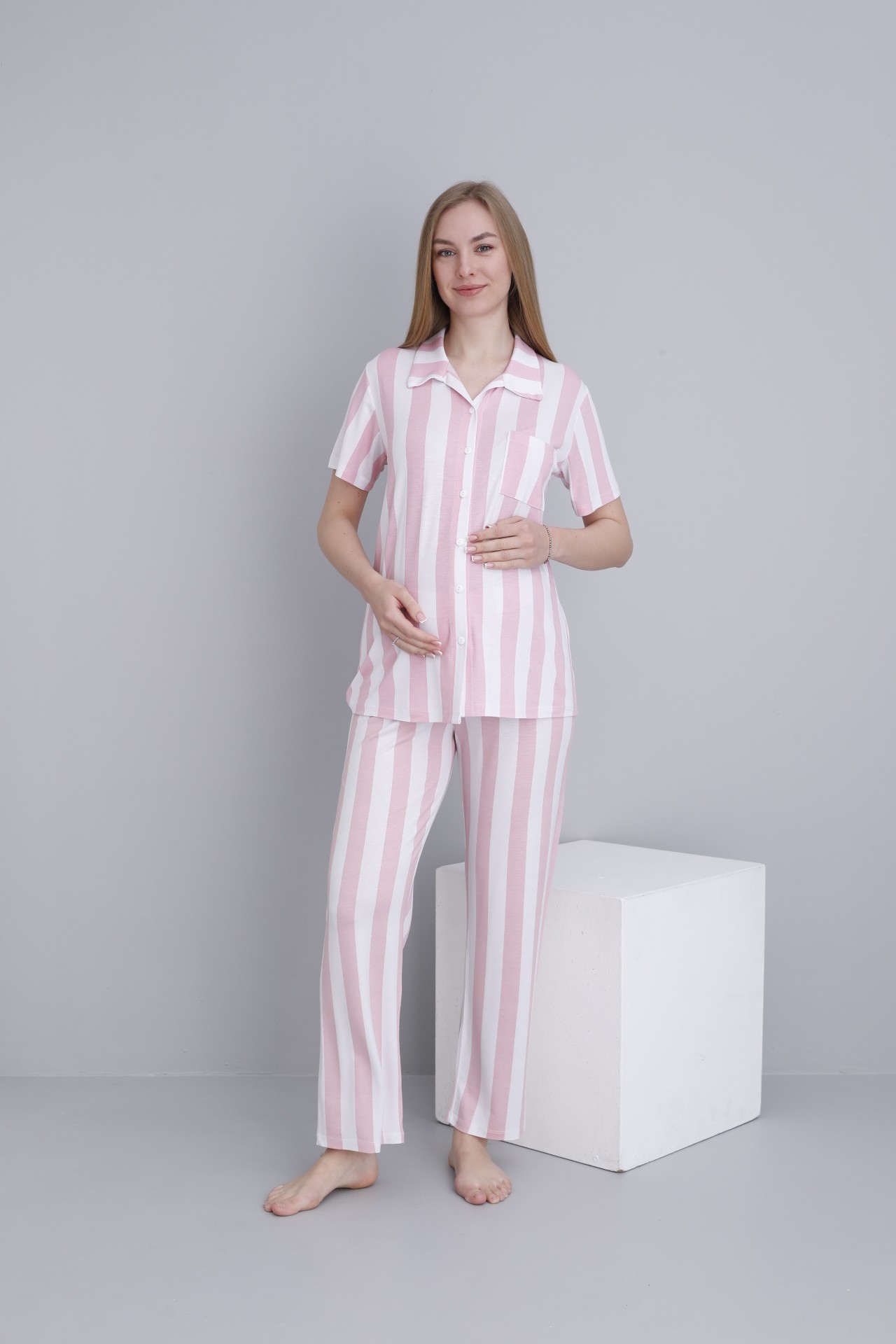 4476 Önden Düğmeli Çizgili Kısa Kol Ayarlanabilir Bel Lastikli Hamile ve Lohusa Pijama Takımı  - Pudra