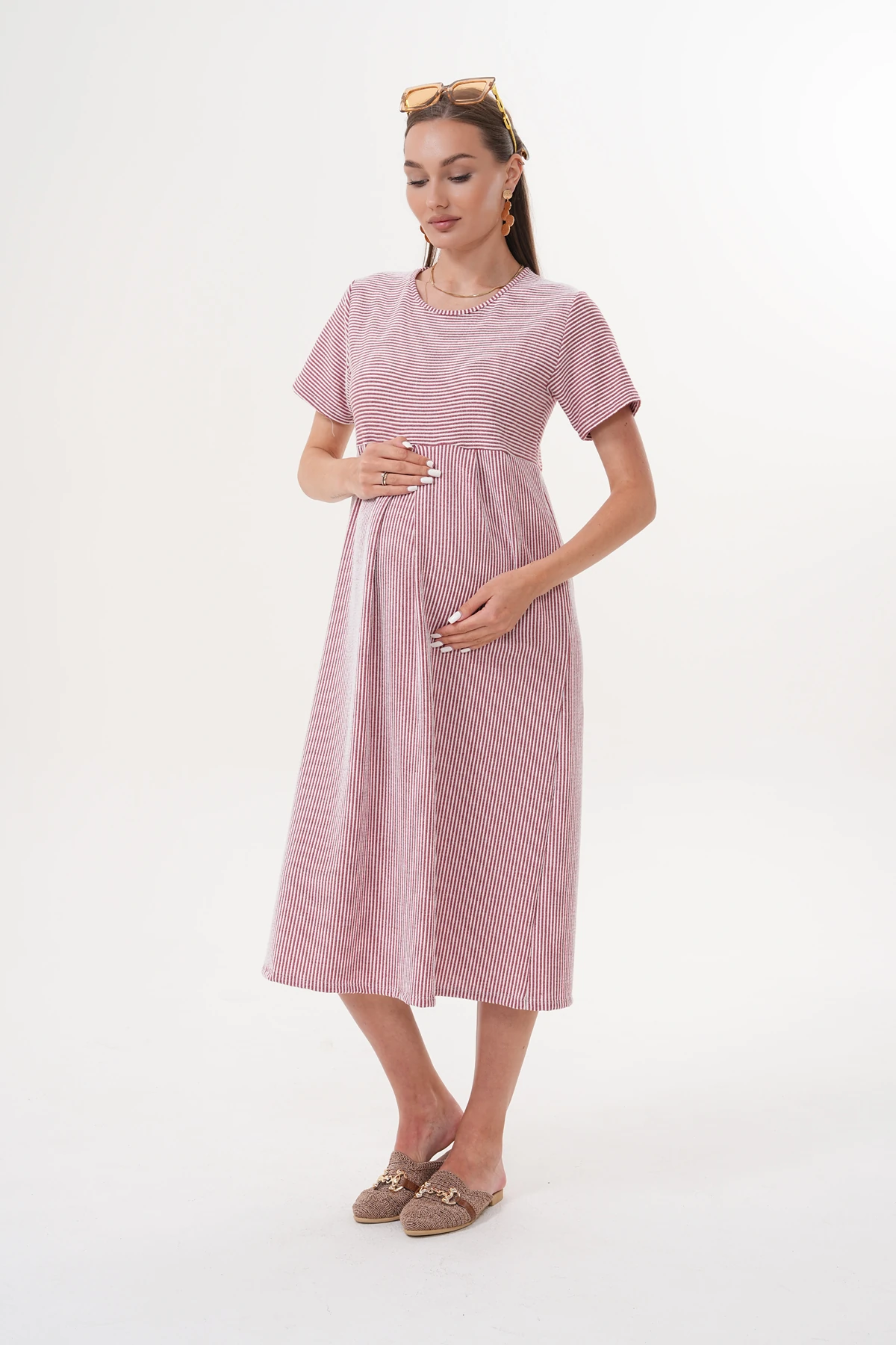 4489 Çizgili Hamile ve Lohusa Kısa Kol Uzun Elbise - Bordo Beyaz
