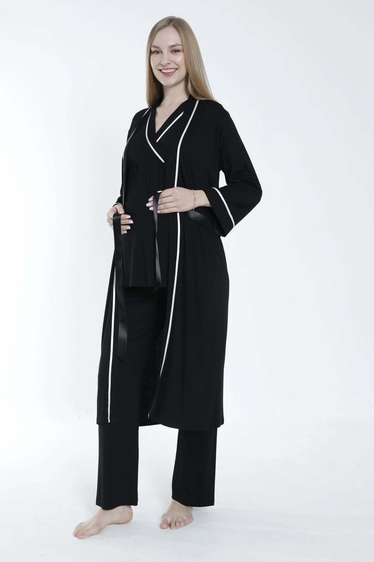 4375 Sabahlıklı Şerit Detaylı Hamile ve Lohusa Pijama Takımı - Siyah