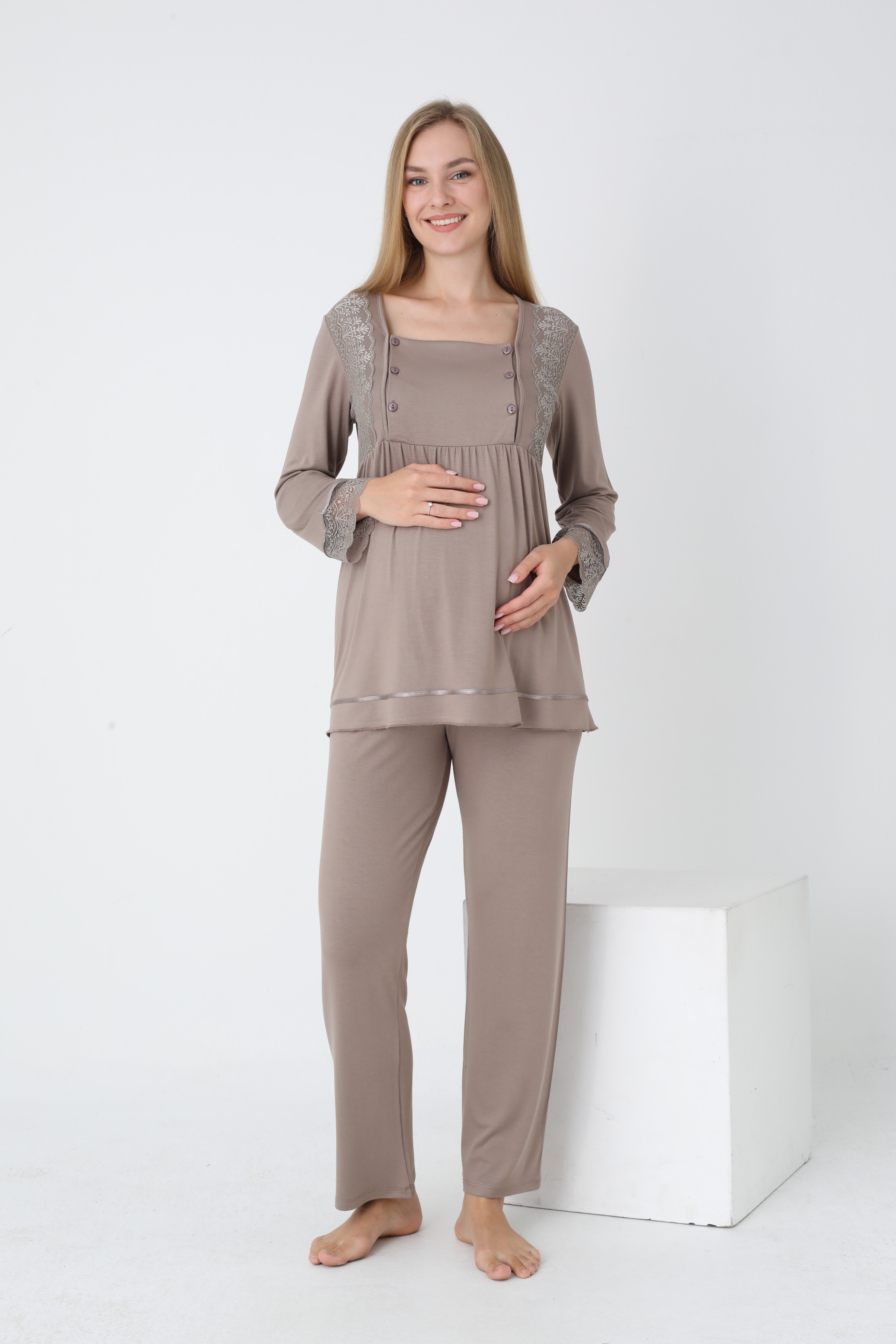 4150 Emzirmeye Uygun Uzun Kol Hamile ve Lohusa Pijama Takımı - Kahverengi