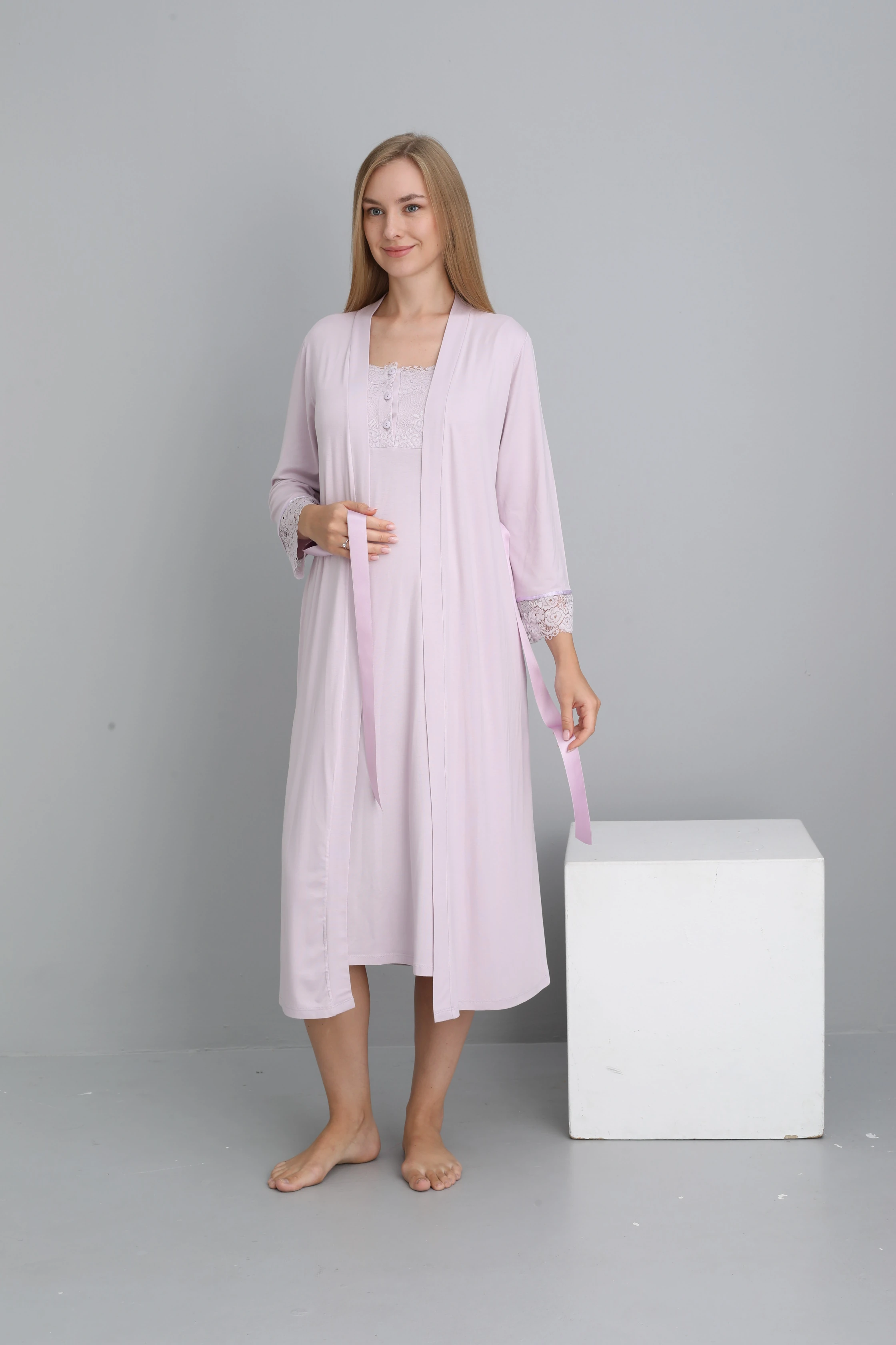 4237 Hamile ve Lohusa Emzirme Düğmeli Gecelik Takımı - Lila