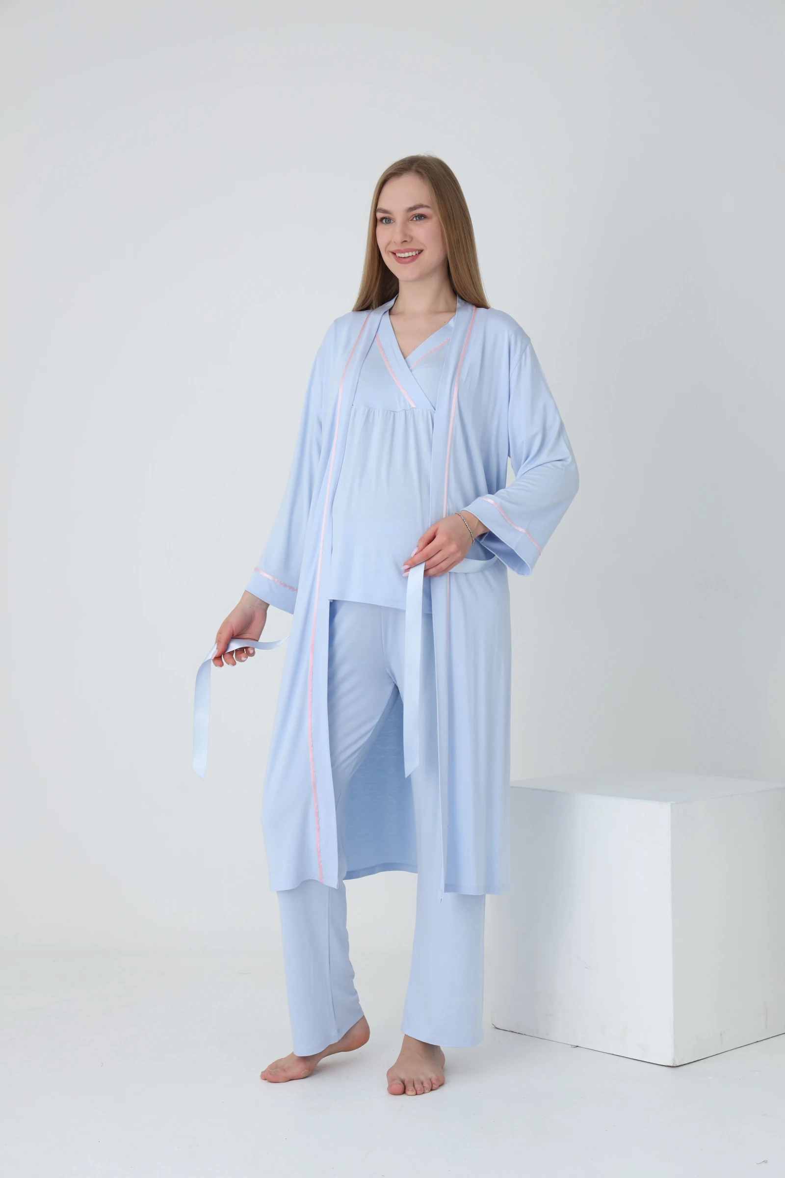 4375 Sabahlıklı Şerit Detaylı Hamile ve Lohusa Pijama Takımı - Bebe Mavisi - Pembe Biyeli