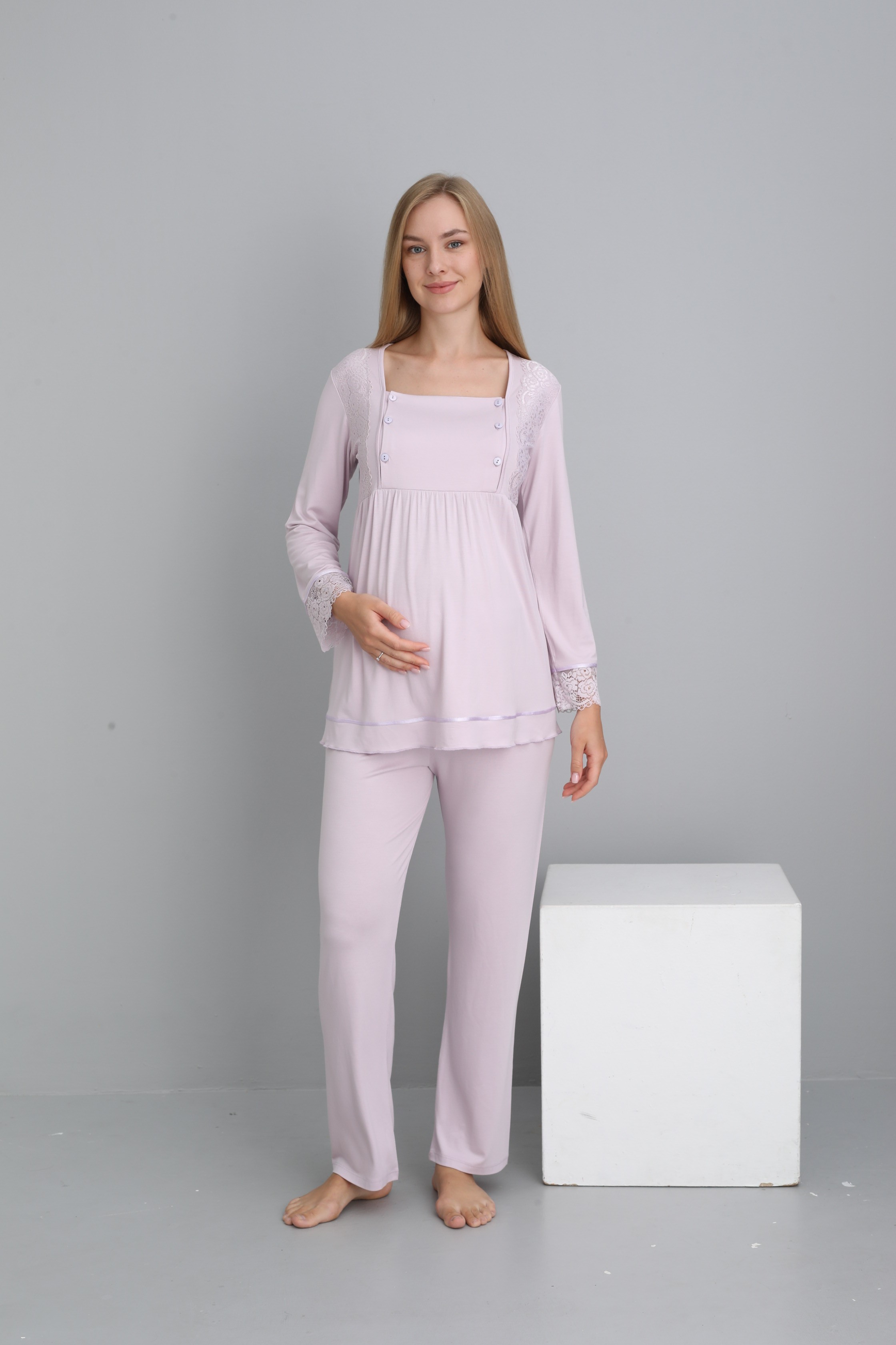 4150 Emzirmeye Uygun Uzun Kol Hamile ve Lohusa Pijama Takımı - Lila