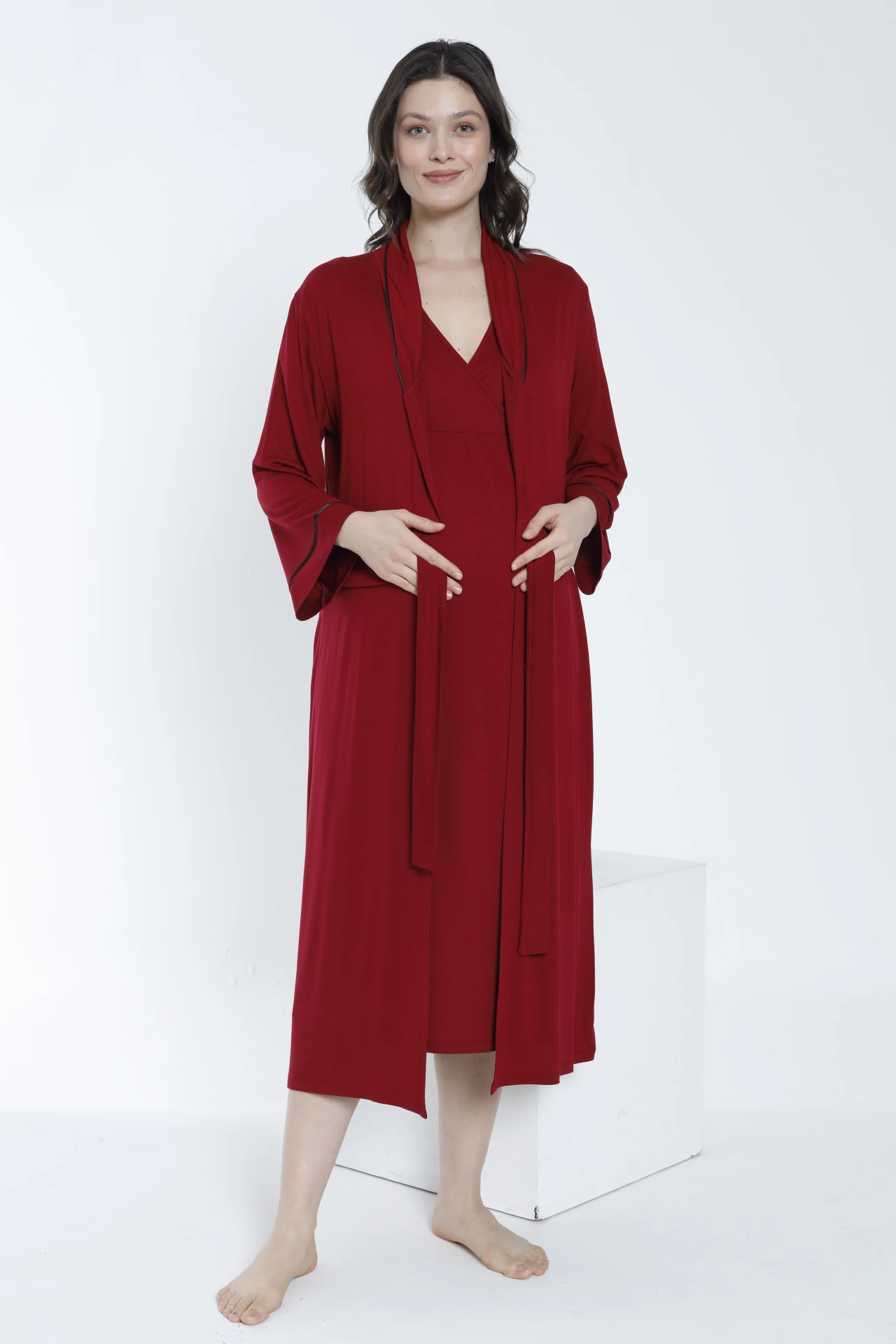 4363 Sabahlıklı Şerit Detaylı Hamile Ve Lohusa Gecelik Takımı - Bordo