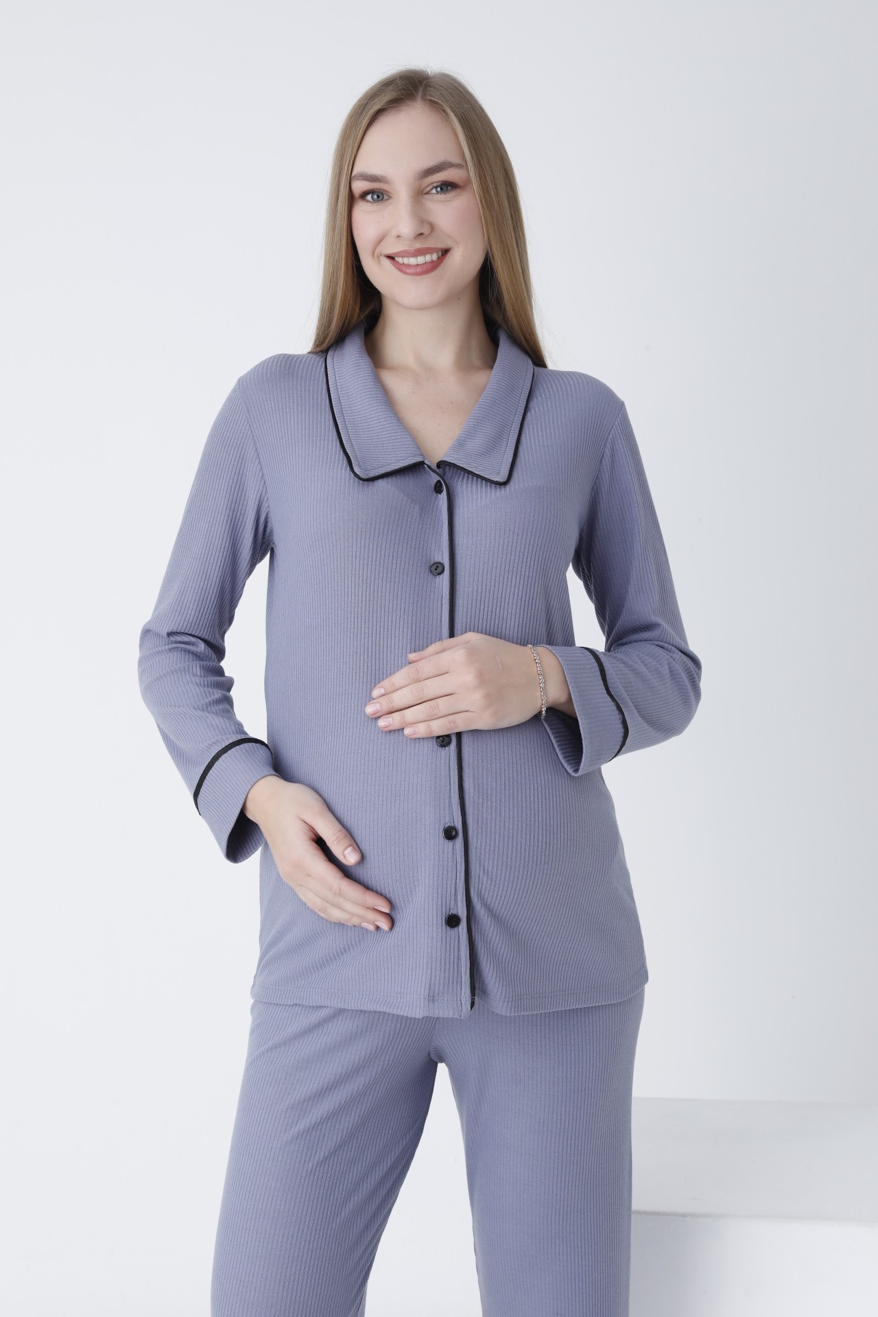 4440 Bebe Yaka Önden Düğmeli Uzun Kollu Fitilli Kumaş Hamile ve Lohusa Pijama Takımı