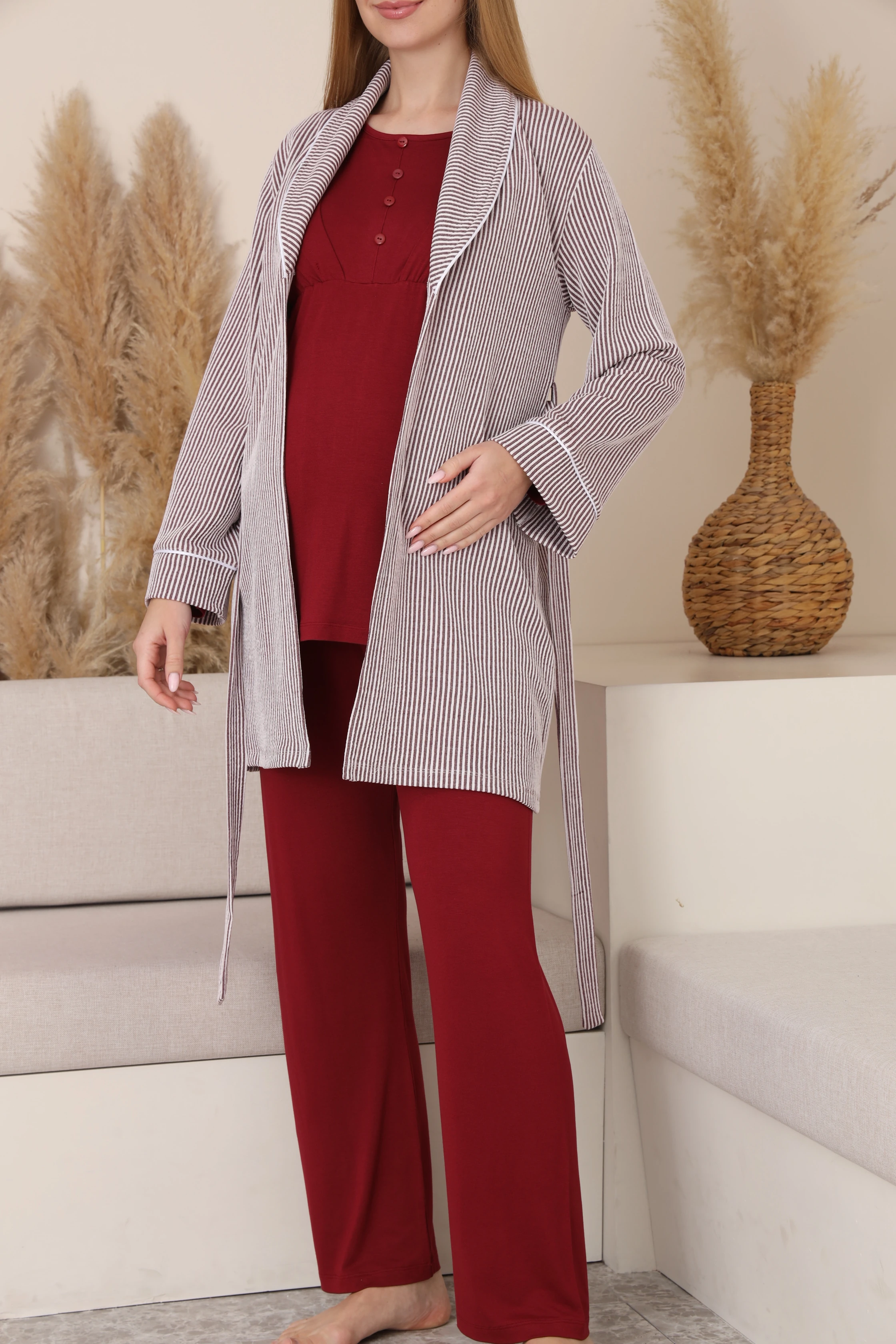 Aria Çizgili Sabahlıklı Emzirmeye Uygun Hamile ve Lohusa Pijama Takımı 4539