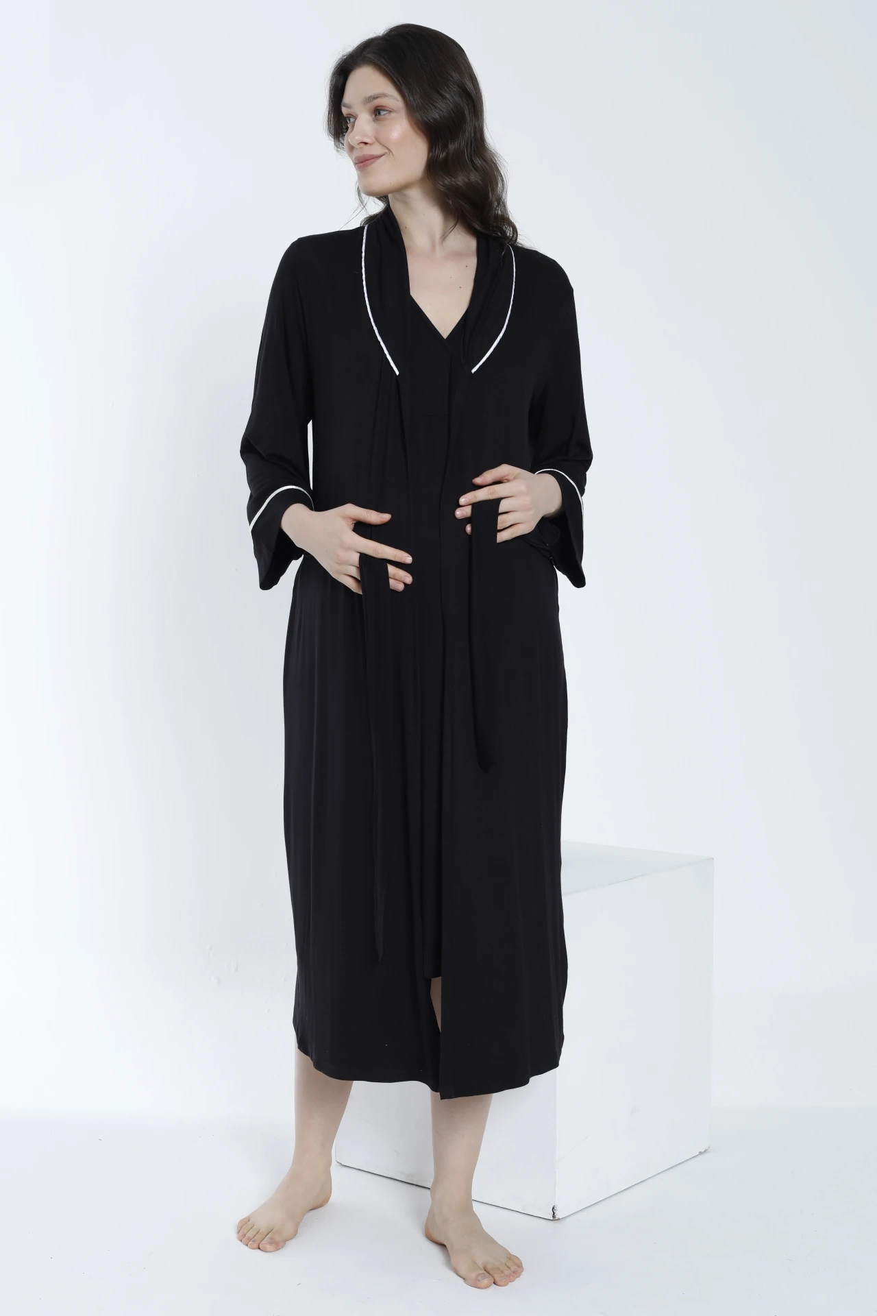 4363 Sabahlıklı Şerit Detaylı Hamile Ve Lohusa Gecelik Takımı - Siyah