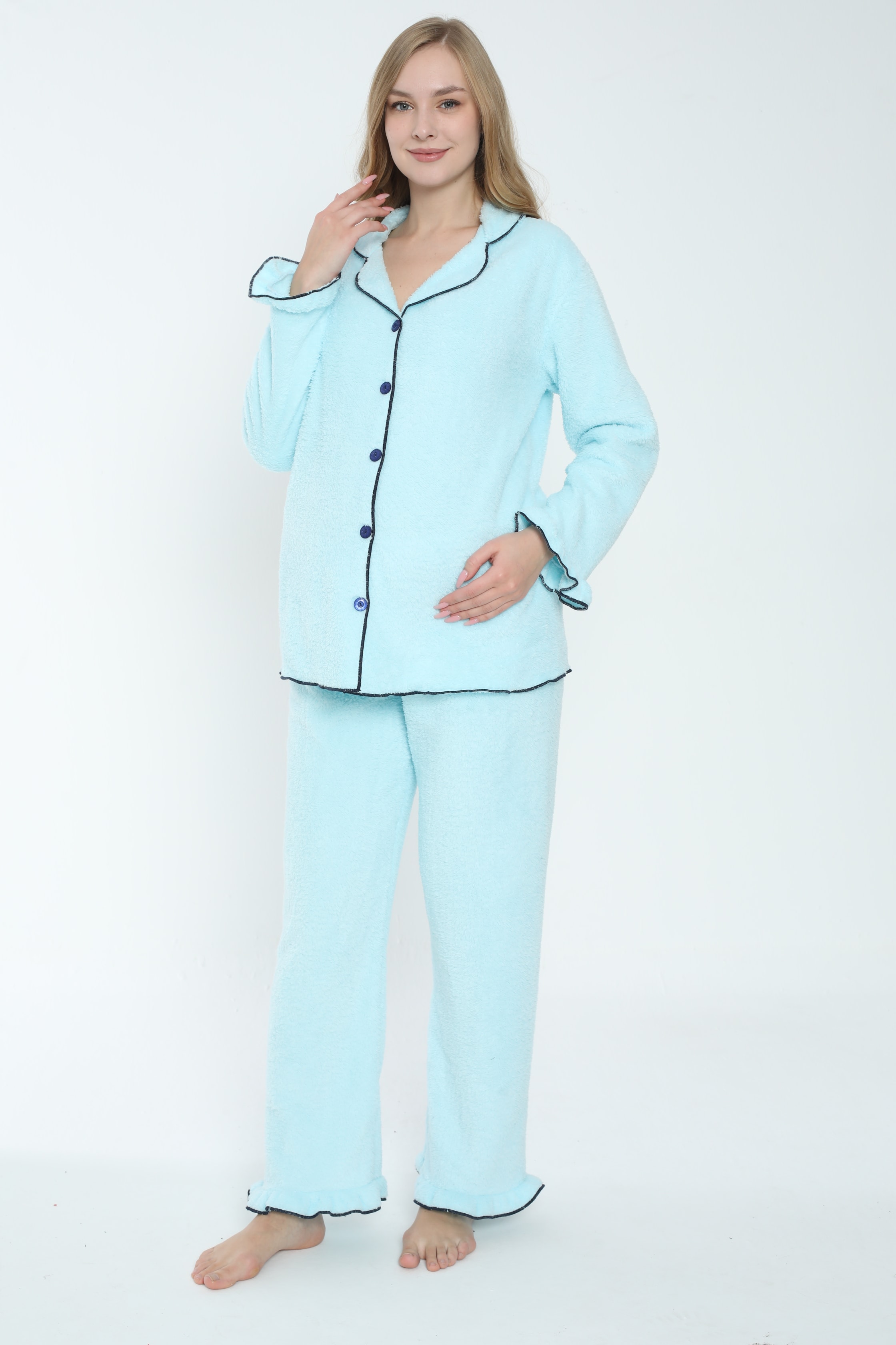 Önden Düğmeli Hamile ve Lohusa Peluş Pijama Takımı 4338 - Mavi