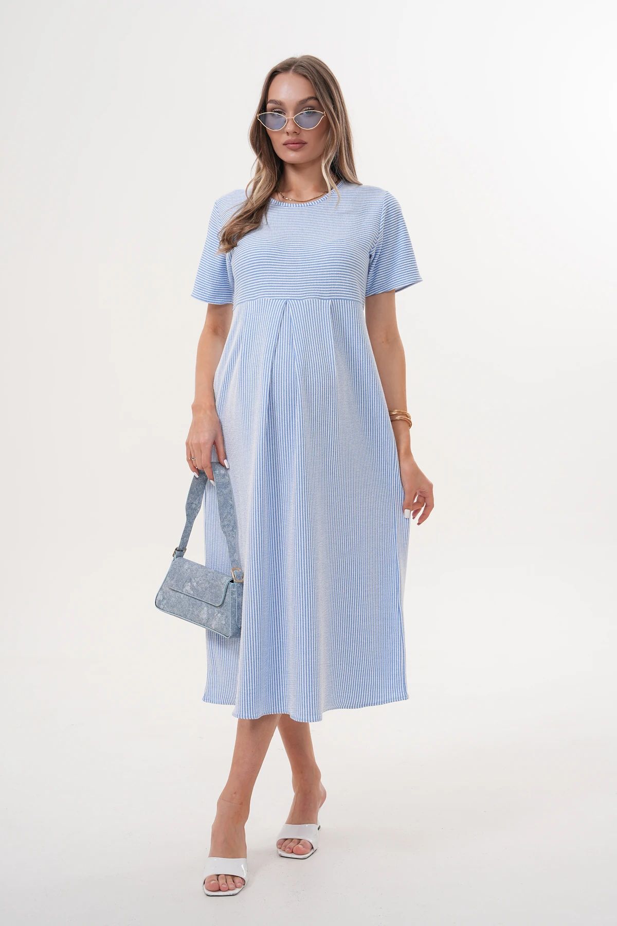 4489 Çizgili Hamile ve Lohusa Kısa Kol Uzun Elbise