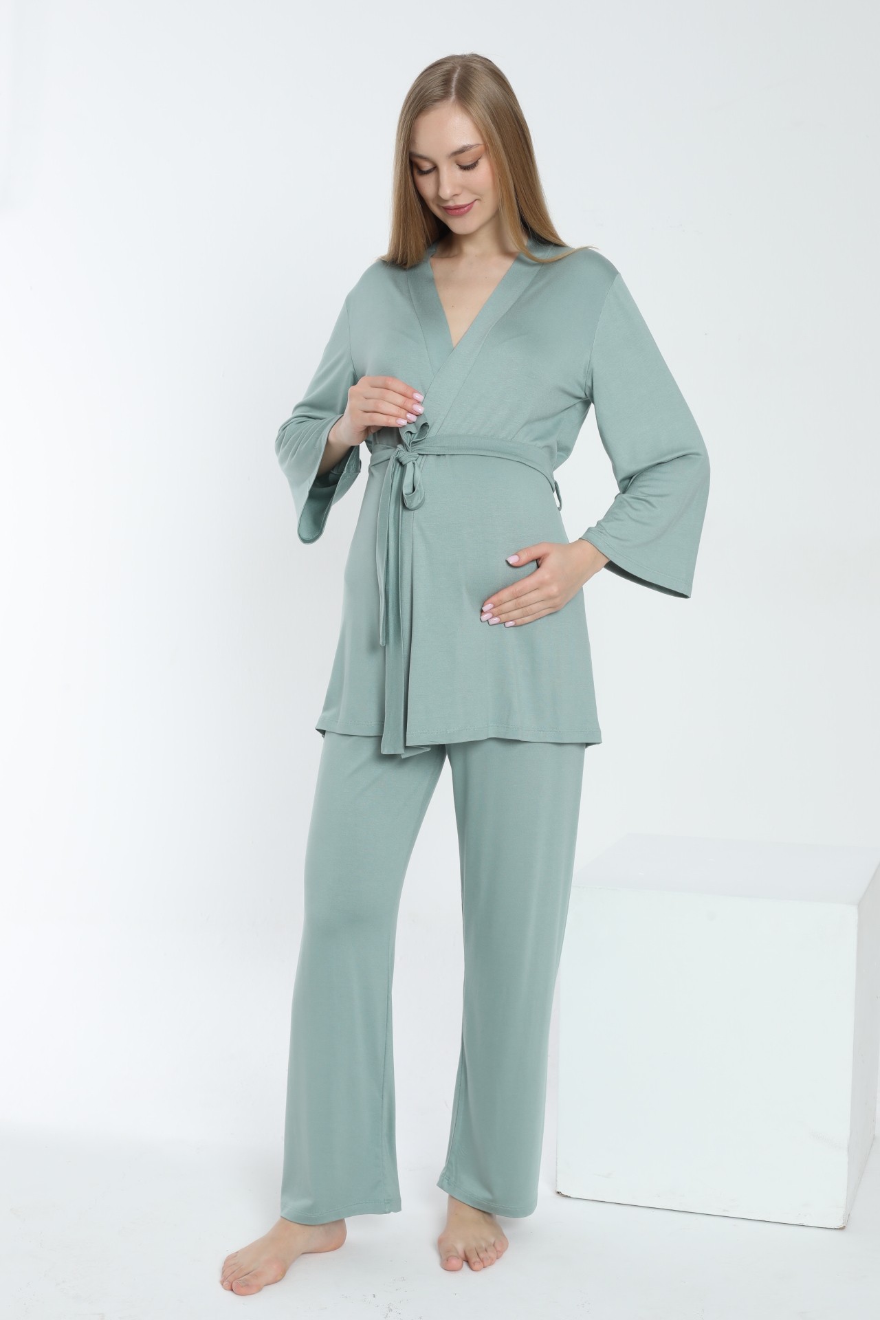 4353 Önden Bağlamalı Hamile ve Lohusa Pijama Takımı - Yeşil