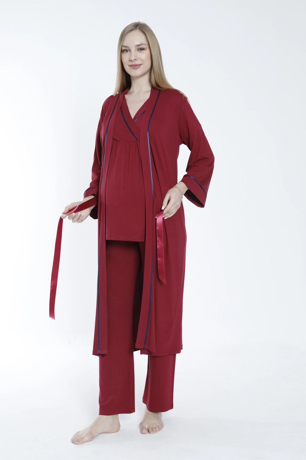 4375 Sabahlıklı Şerit Detaylı Hamile ve Lohusa Pijama Takımı - Bordo