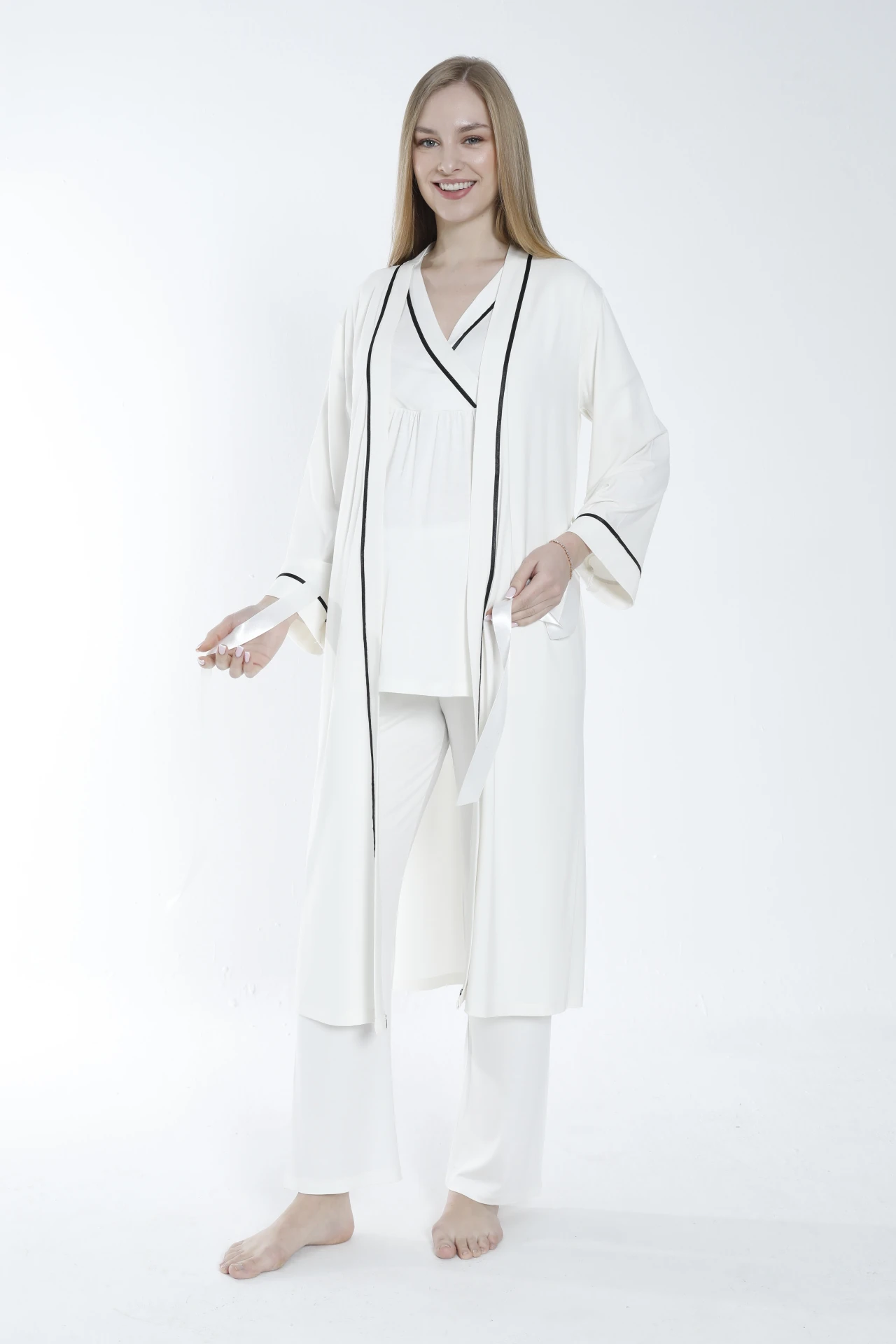 4375 Sabahlıklı Şerit Detaylı Hamile ve Lohusa Pijama Takımı - Beyaz