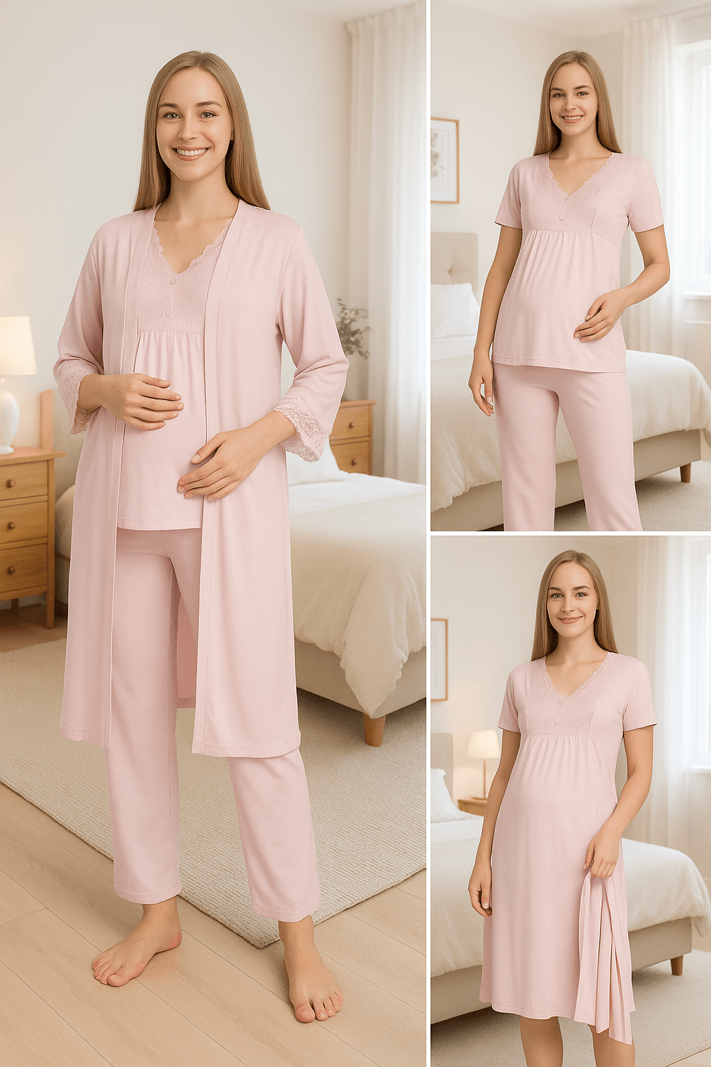 4517 Dantel Detaylı Sabahlıklı Emzirmeye Uygun Hamile ve Lohusa Pijama Takımı - Süt Kahve