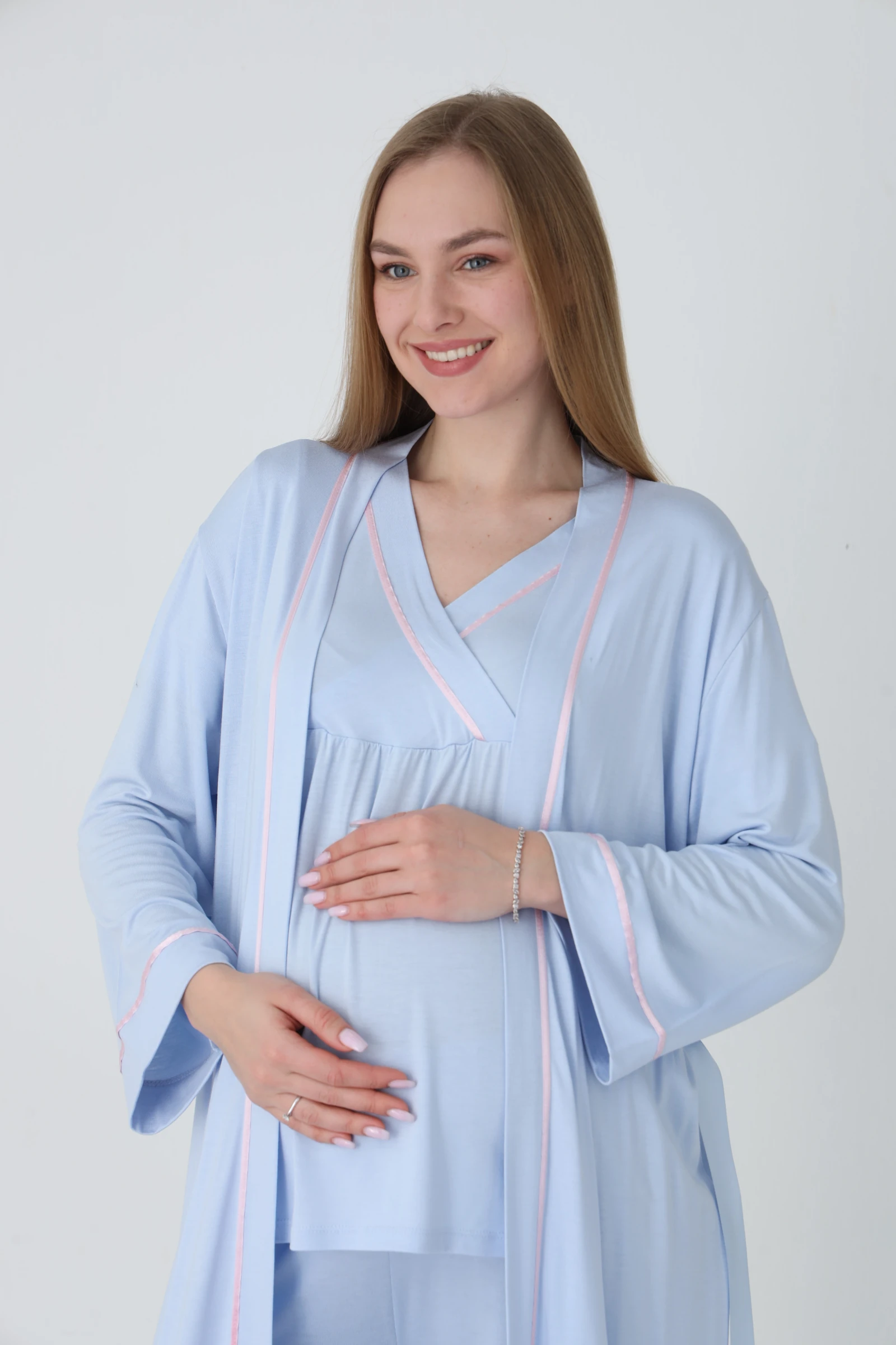 4375 Sabahlıklı Şerit Detaylı Hamile ve Lohusa Pijama Takımı