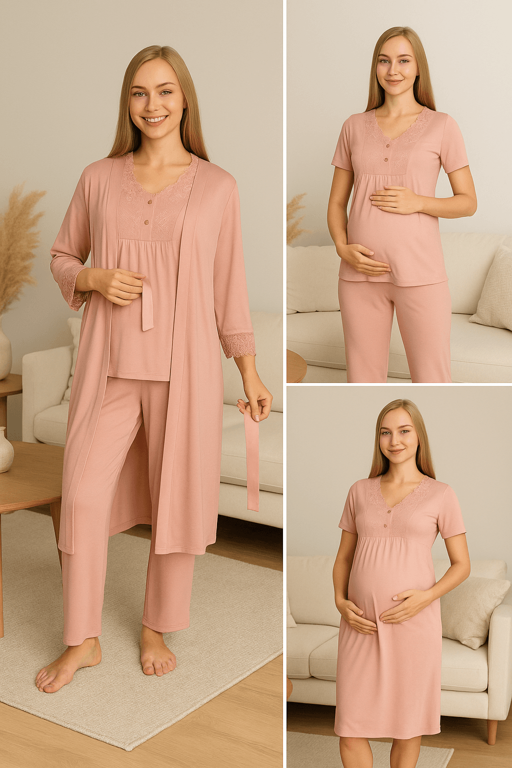 4517 Dantel Detaylı Sabahlıklı Emzirmeye Uygun Hamile ve Lohusa Pijama Takımı - Pudra