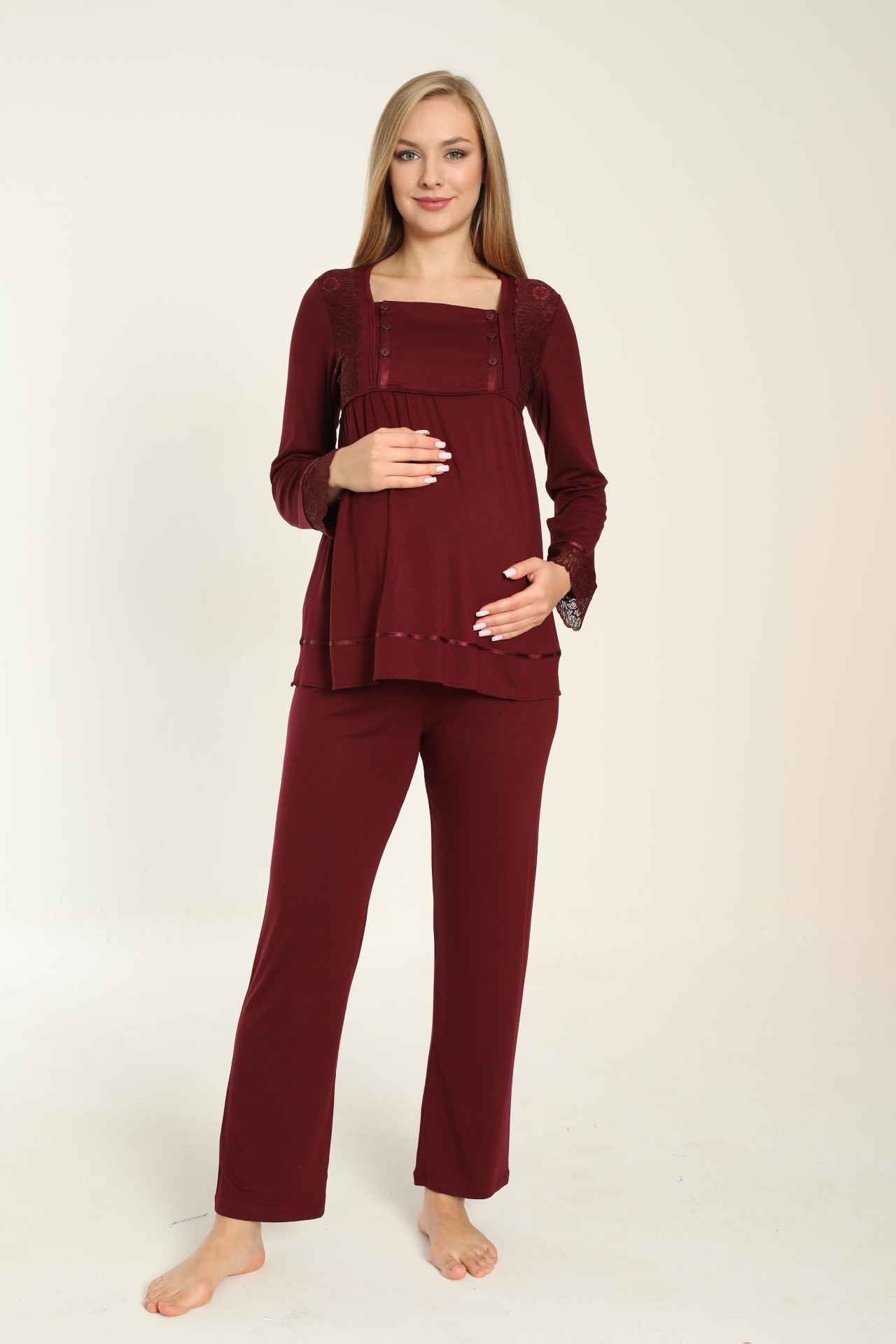 4150 Emzirmeye Uygun Uzun Kol Hamile ve Lohusa Pijama Takımı - Bordo