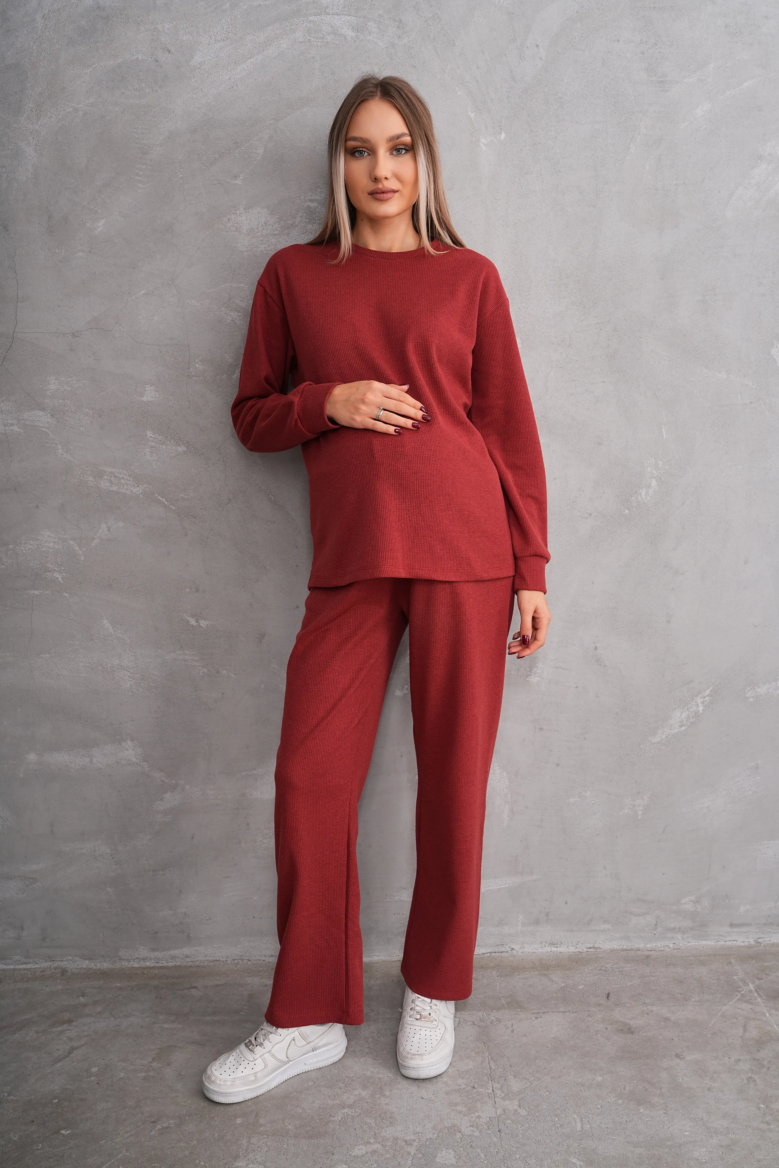 4434 Hamile ve Lohusa Bisiklet Yaka Waffle Kumaş Alt Üst Eşofman Takımı - Kiremit