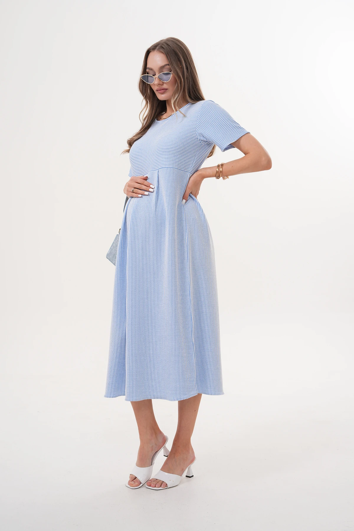 4489 Çizgili Hamile ve Lohusa Kısa Kol Uzun Elbise