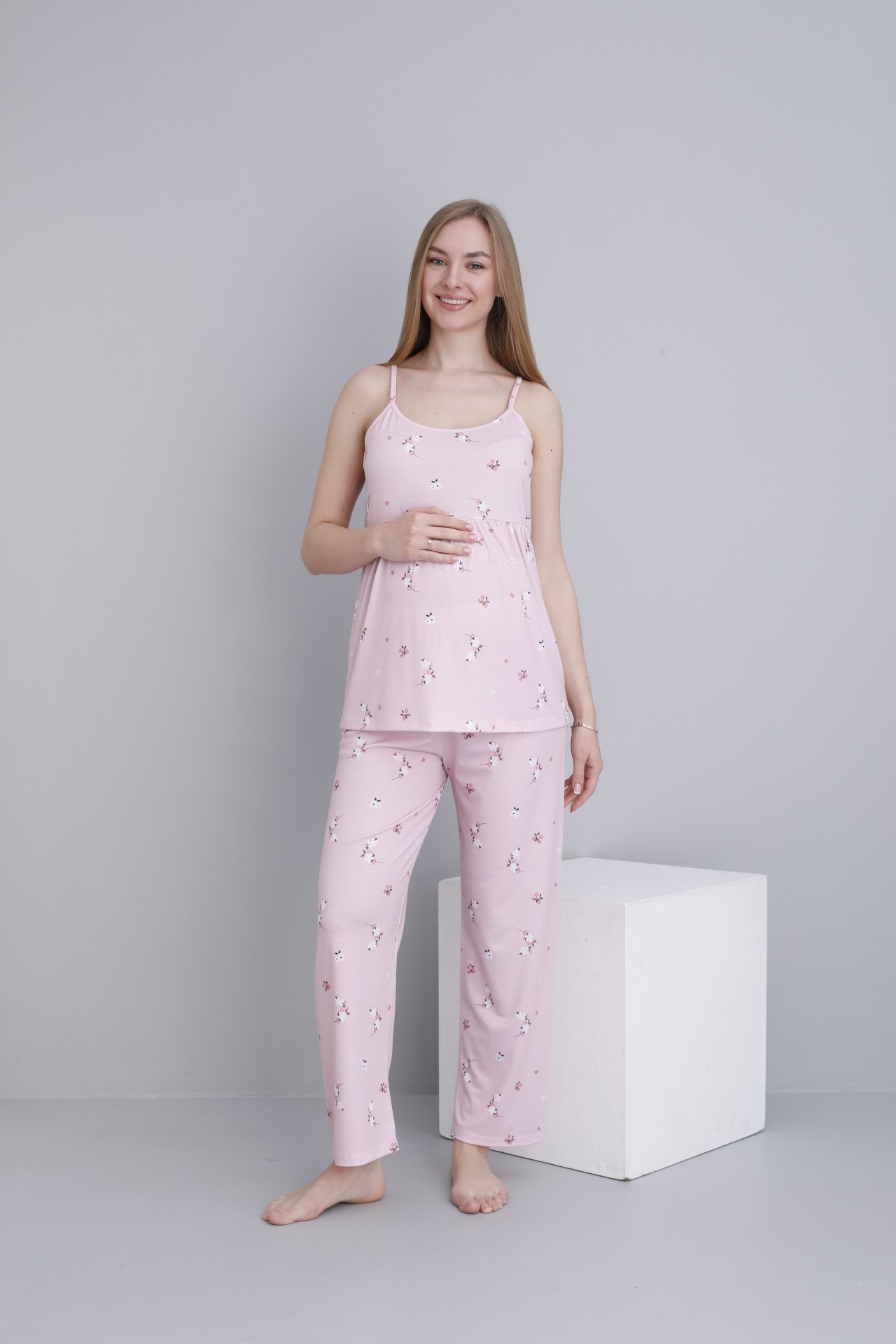 4473 Çiçek Desenli Hamile ve Lohusa Askılı Pijama Takım - Pudra
