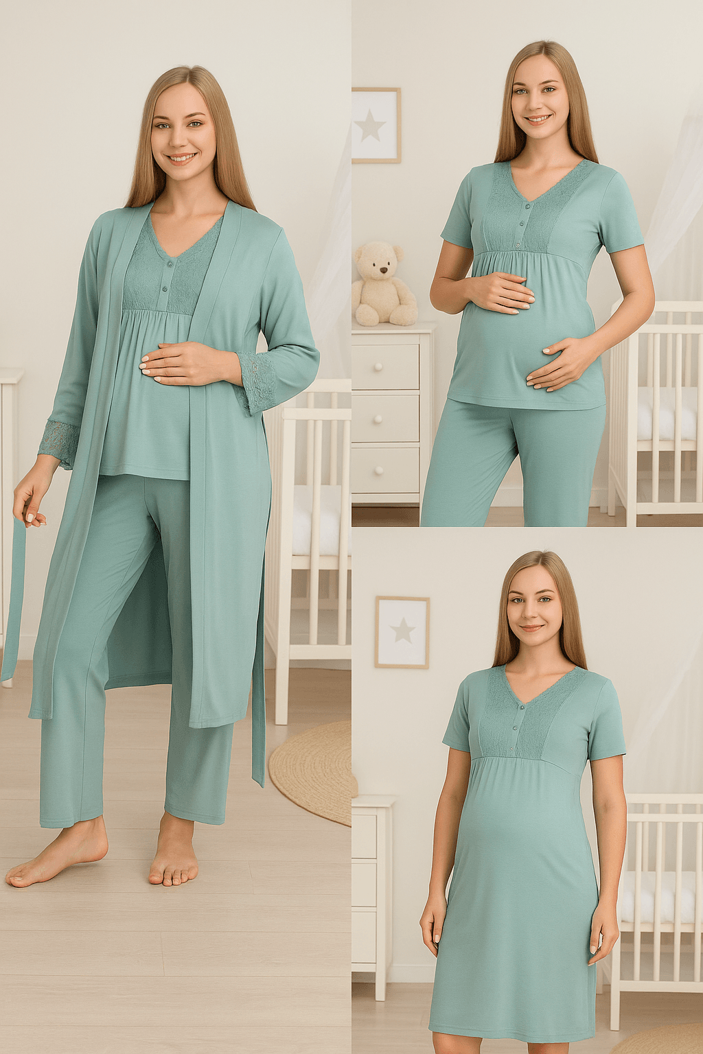 4517 Dantel Detaylı Sabahlıklı Emzirmeye Uygun Hamile ve Lohusa Pijama Takımı - Yeşil