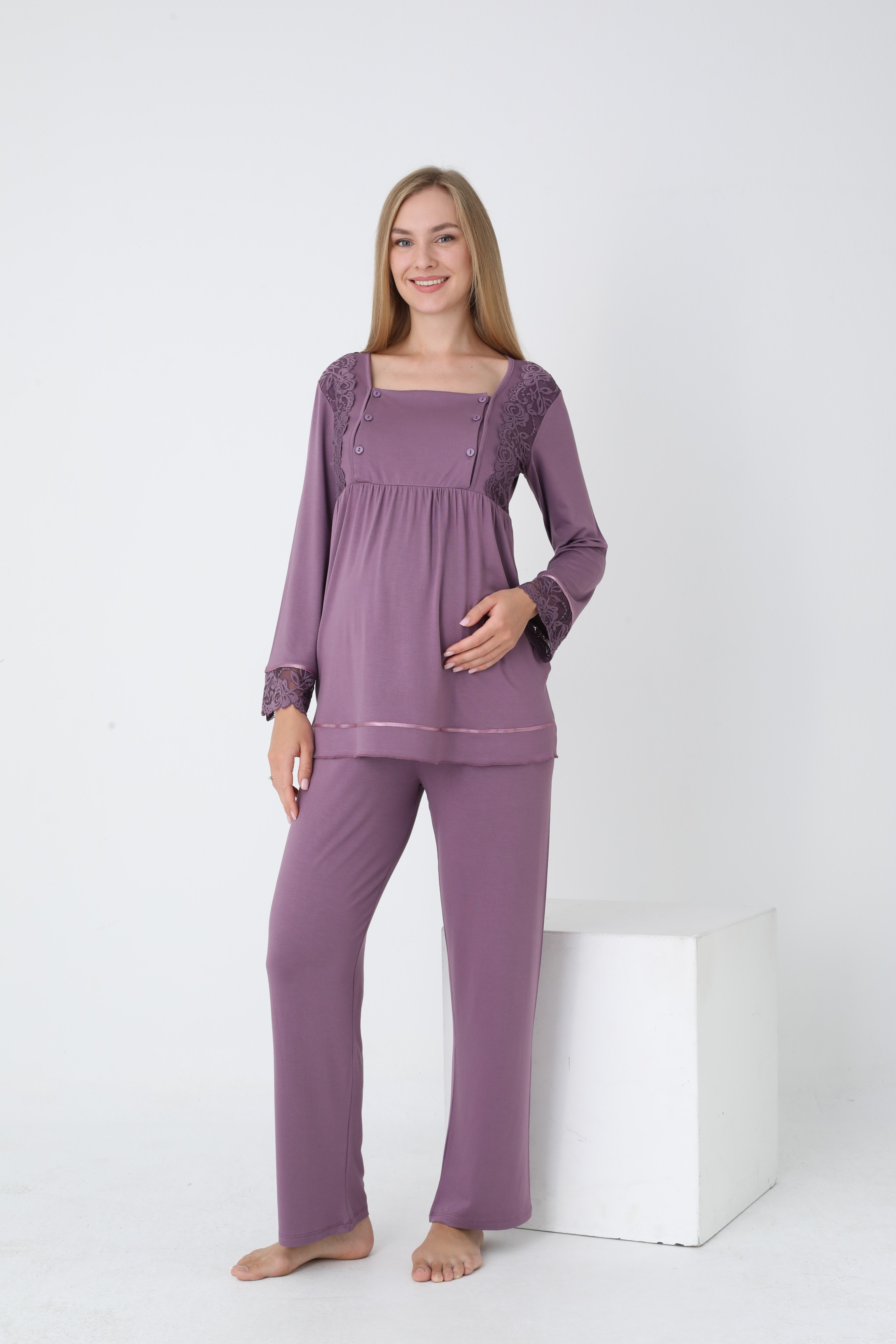4150 Emzirmeye Uygun Uzun Kol Hamile ve Lohusa Pijama Takımı - Mor
