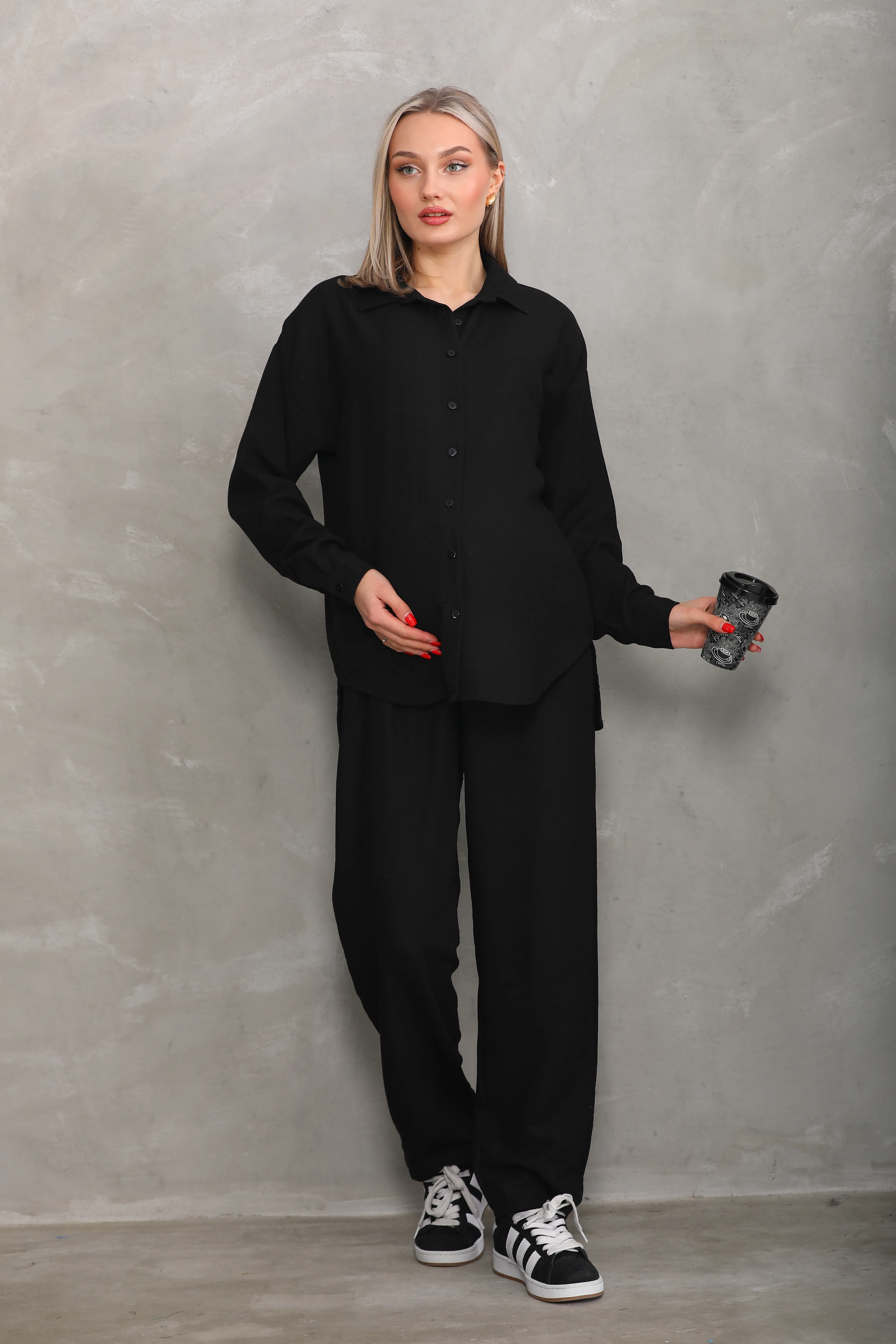 4371 Önden Düğmeli Hamile ve Lohusa Alt-Üst Takım - Siyah