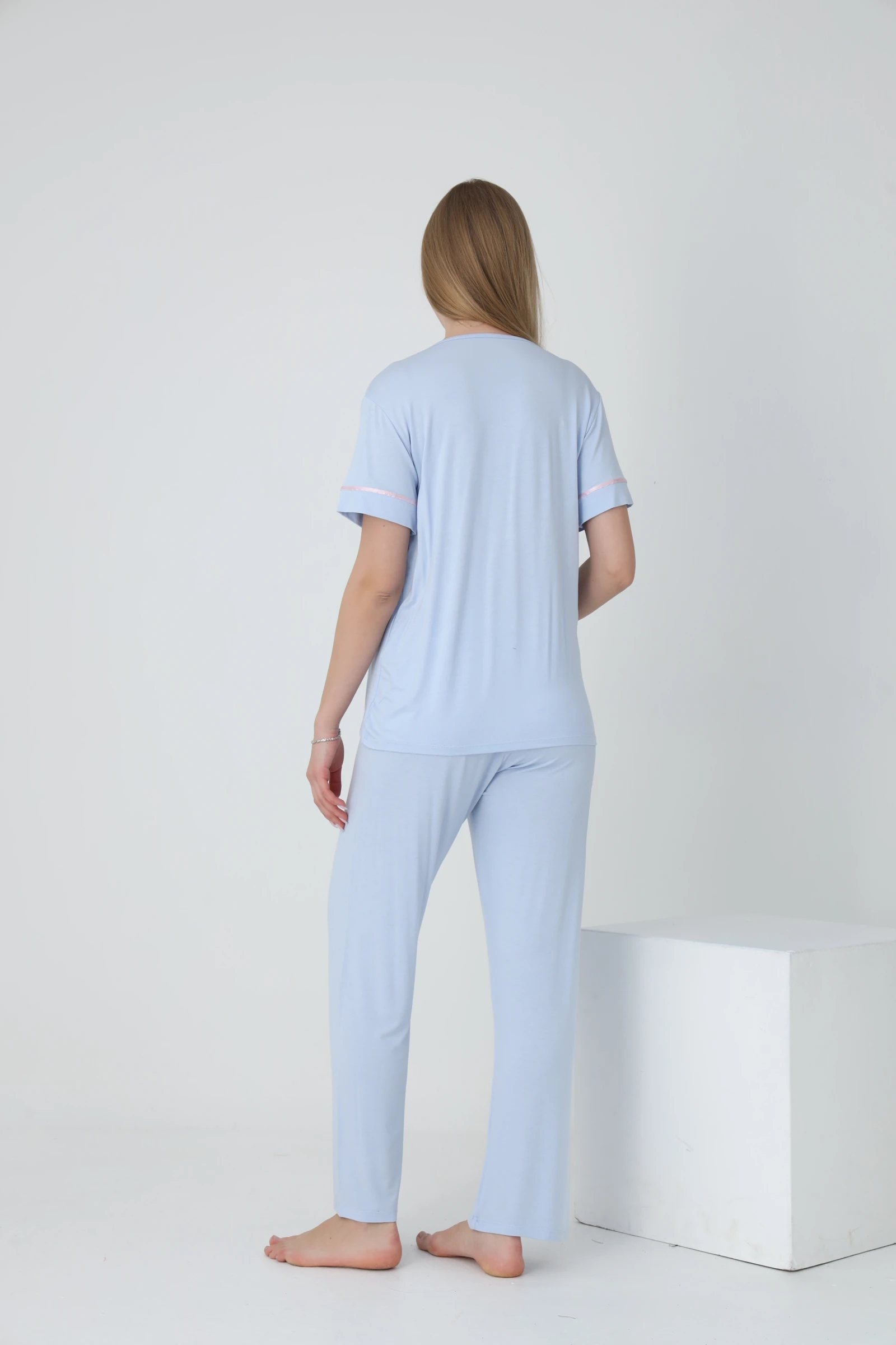 4375 Sabahlıklı Şerit Detaylı Hamile ve Lohusa Pijama Takımı