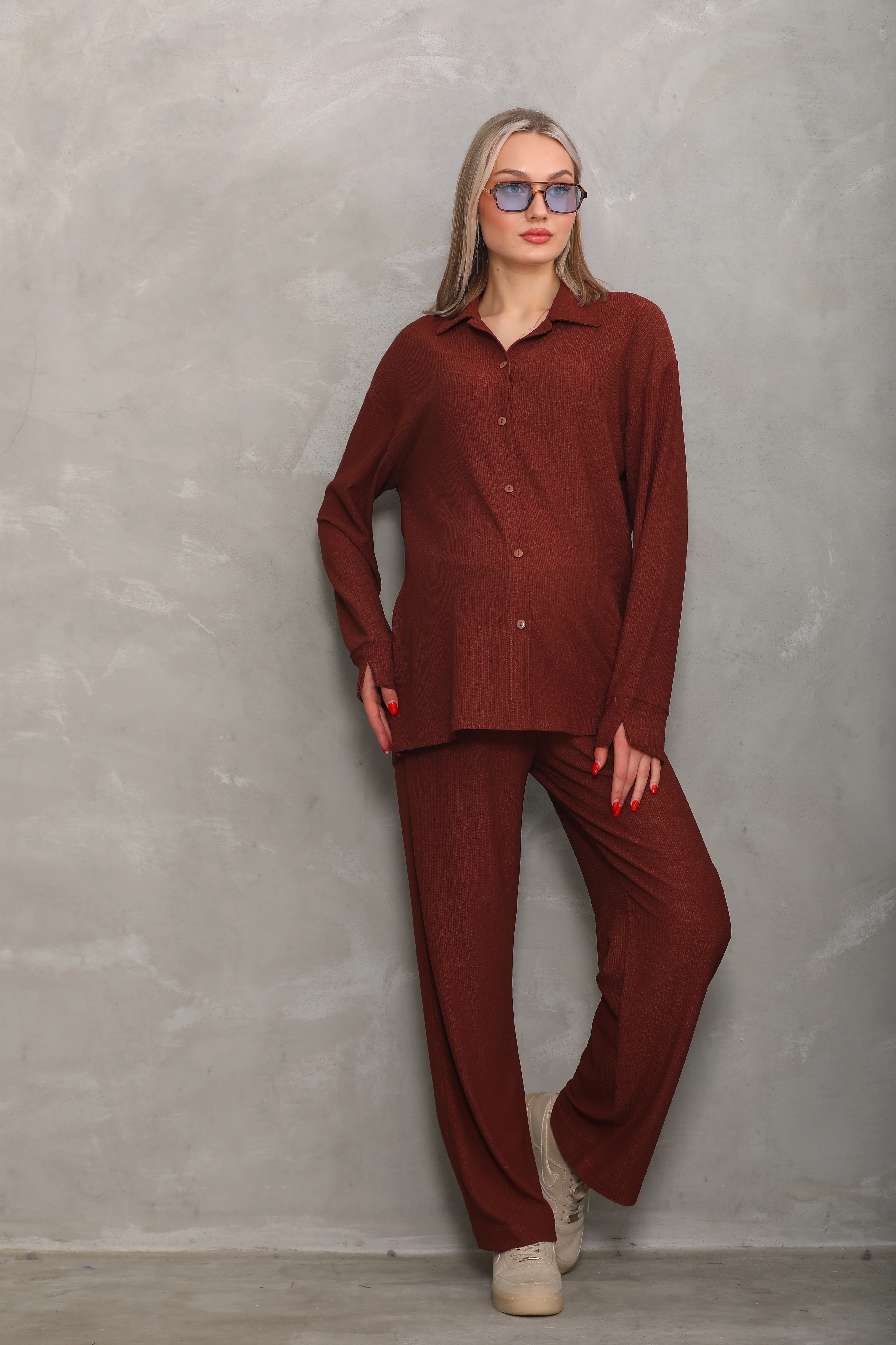 4371 Önden Düğmeli Hamile ve Lohusa Alt-Üst Takım - Kahverengi