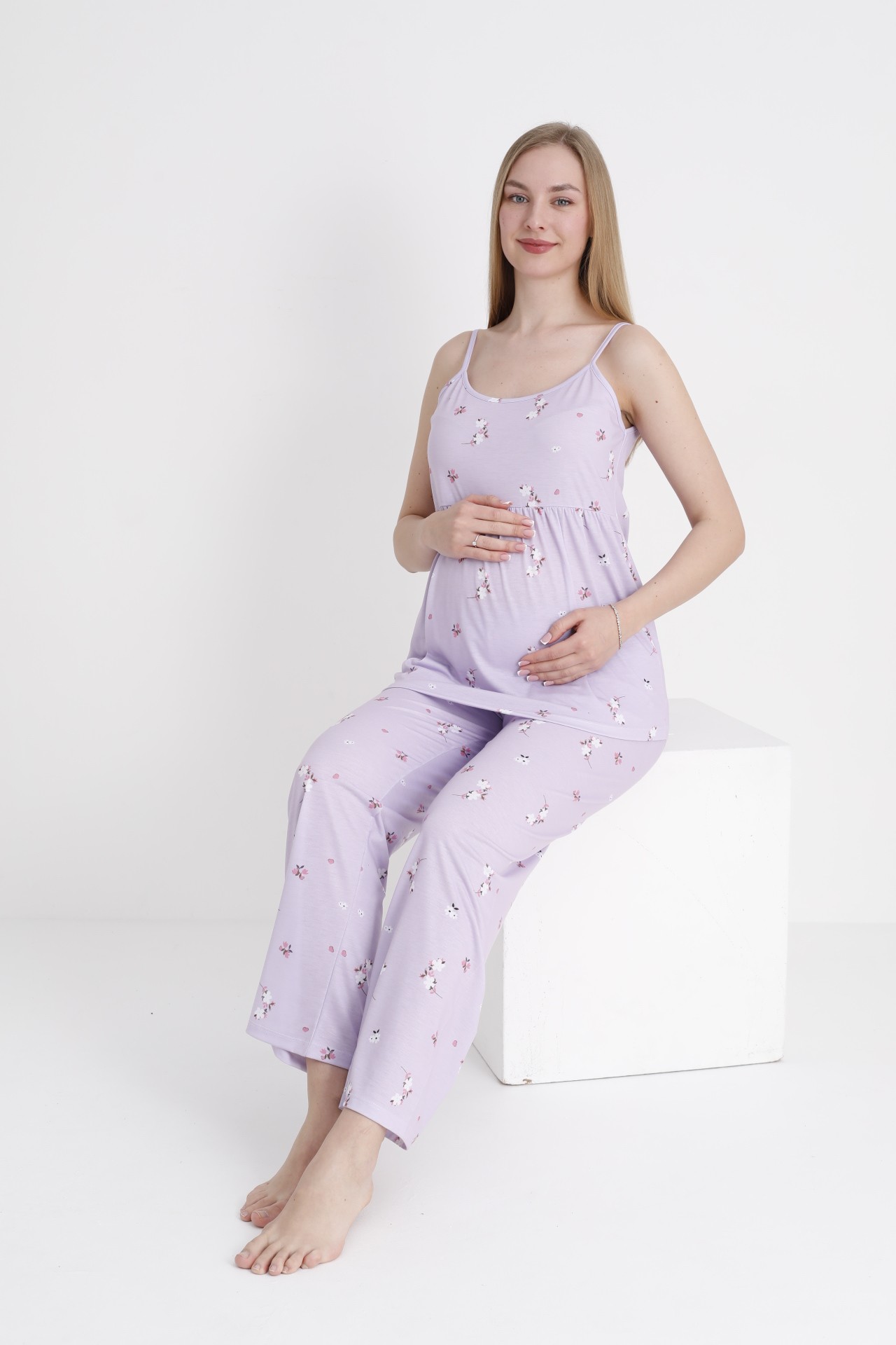 4473 Çiçek Desenli Hamile ve Lohusa Askılı Pijama Takım