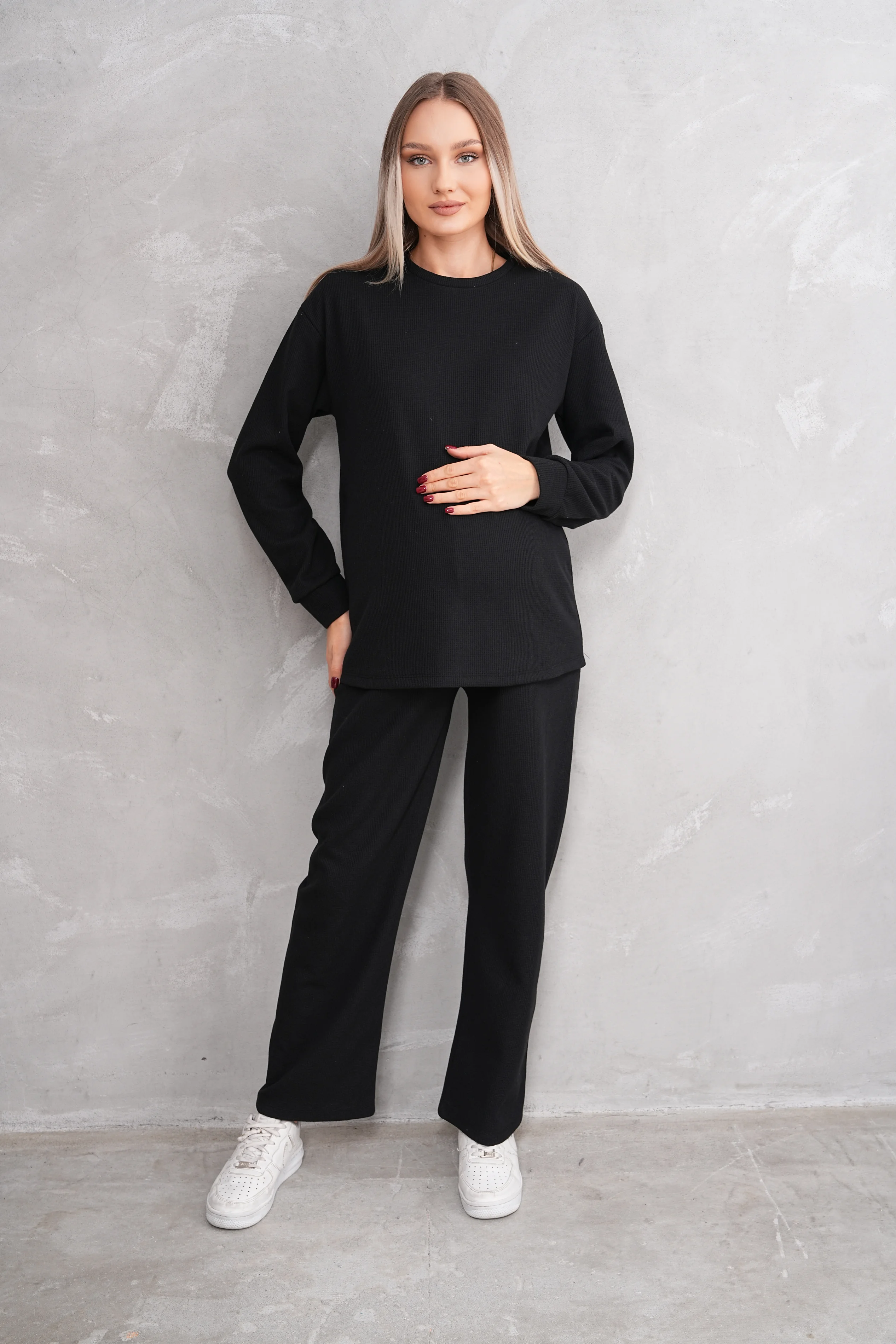 4434 Hamile ve Lohusa Bisiklet Yaka Waffle Kumaş Alt Üst Eşofman Takımı - Siyah