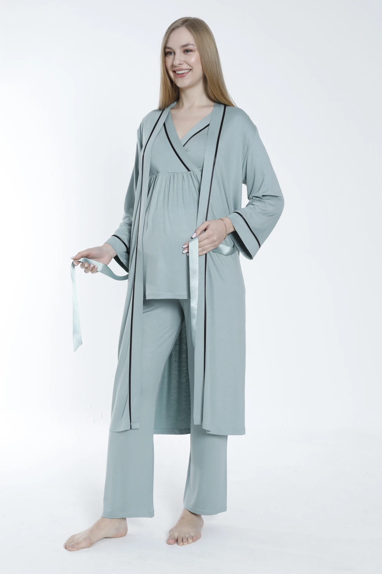 4375 Sabahlıklı Şerit Detaylı Hamile ve Lohusa Pijama Takımı - Yeşil