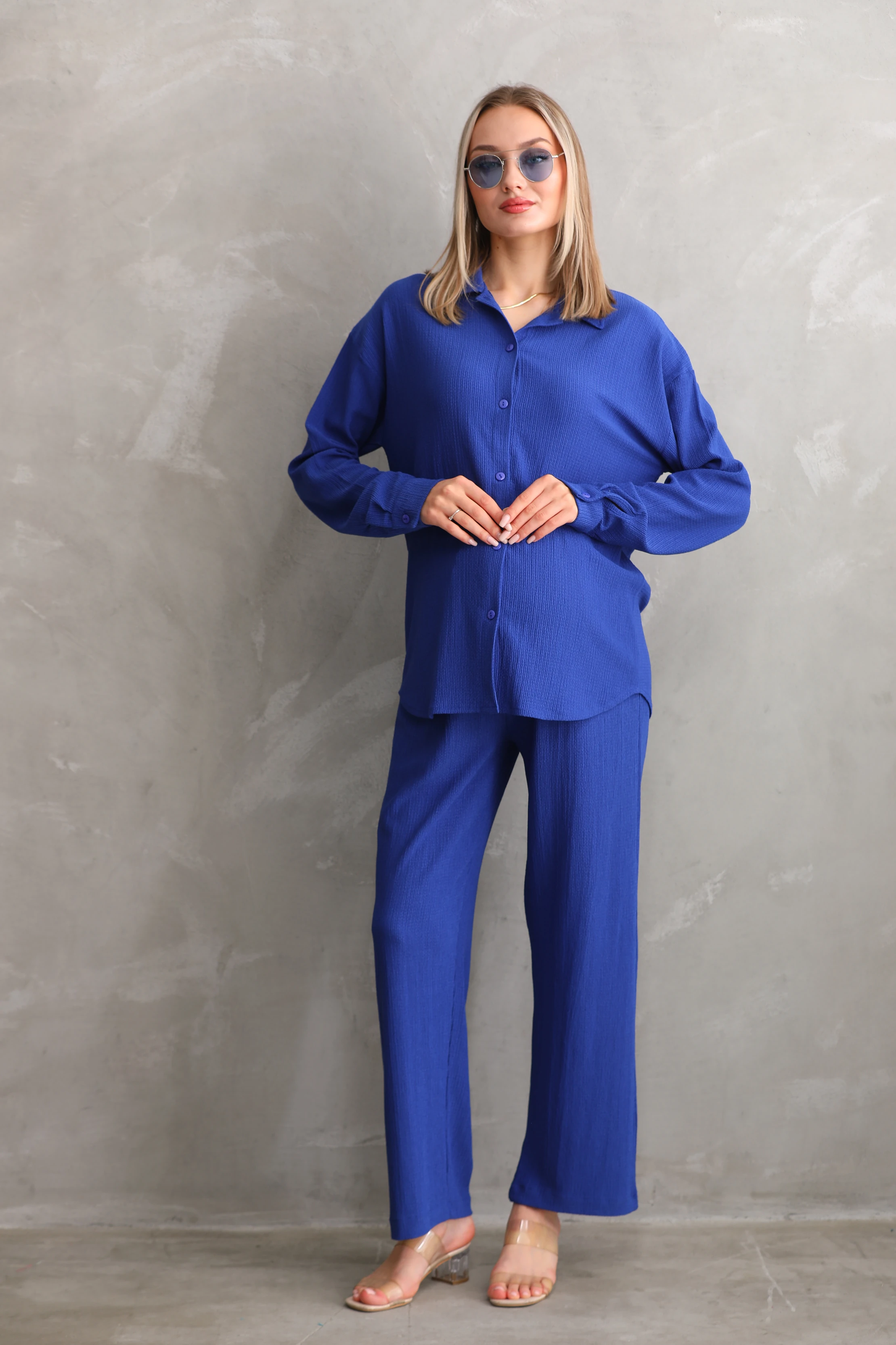 4371 Önden Düğmeli Hamile ve Lohusa Alt-Üst Takım - Saks Mavisi